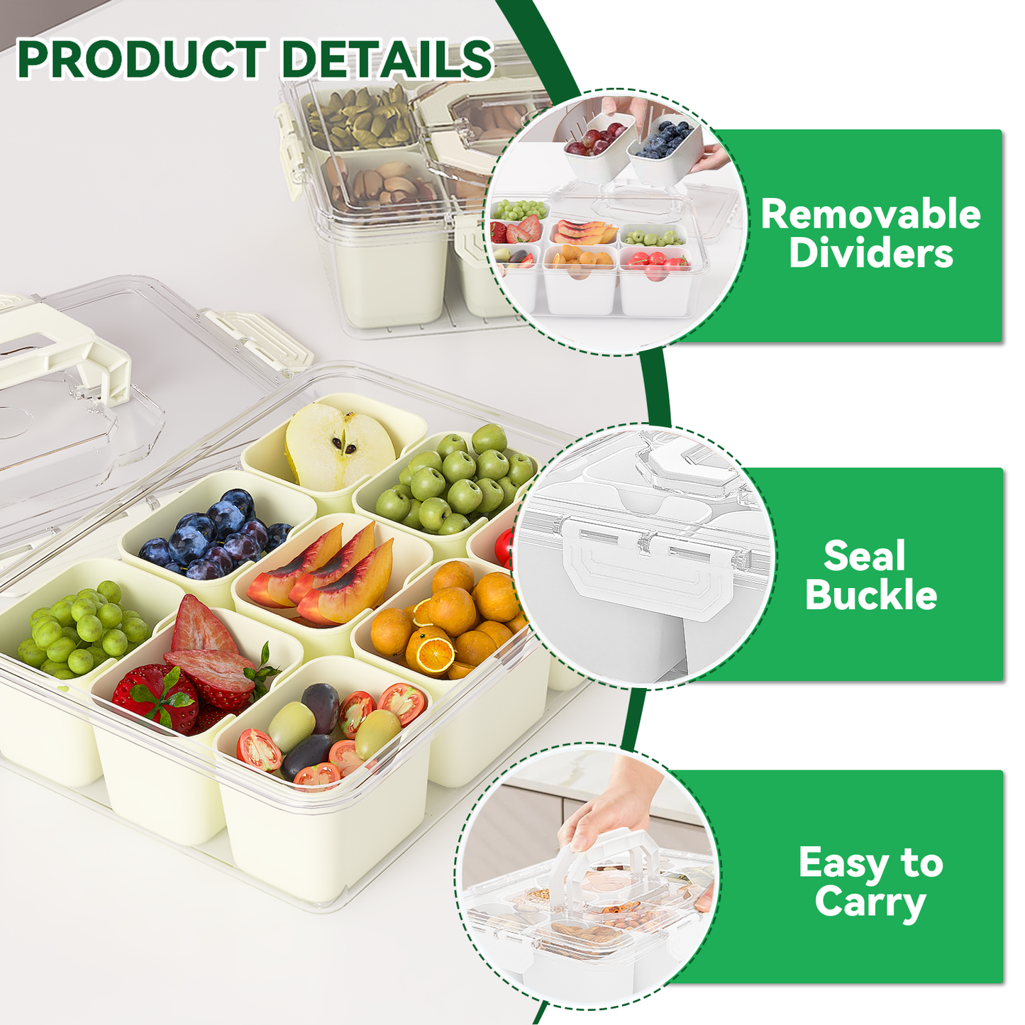 LLMRR Snackle Box Container, Divided Serving Tray with Lid and Handle, Portable Clear Snackle Box, Snack Box & Fruit Tray for Road Travel, Party, Veggie, Fruit, Candy