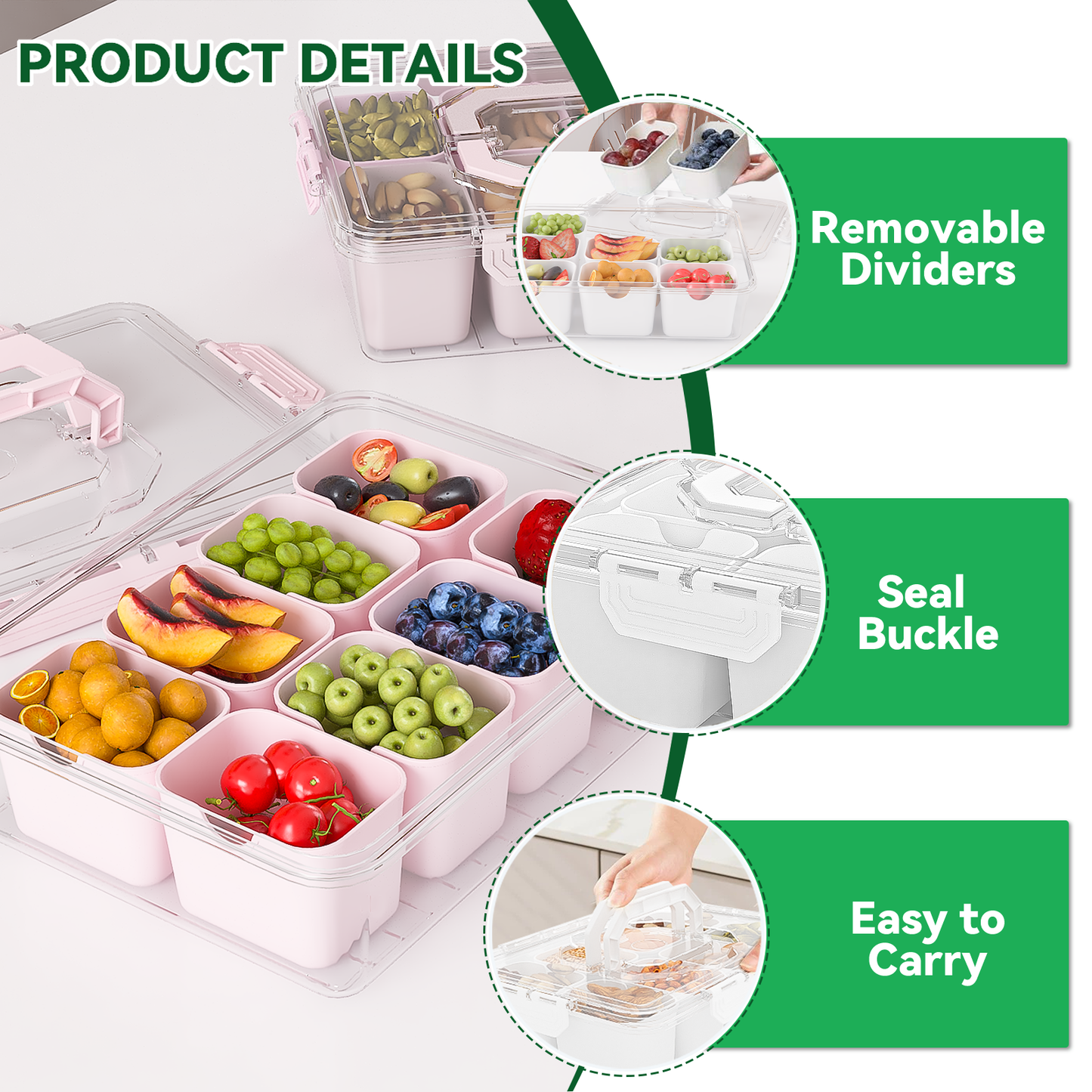 LLMRR Snackle Box Container, Divided Serving Tray with Lid and Handle, Portable Clear Snackle Box, Snack Box & Fruit Tray for Road Travel, Party, Veggie, Fruit, Candy