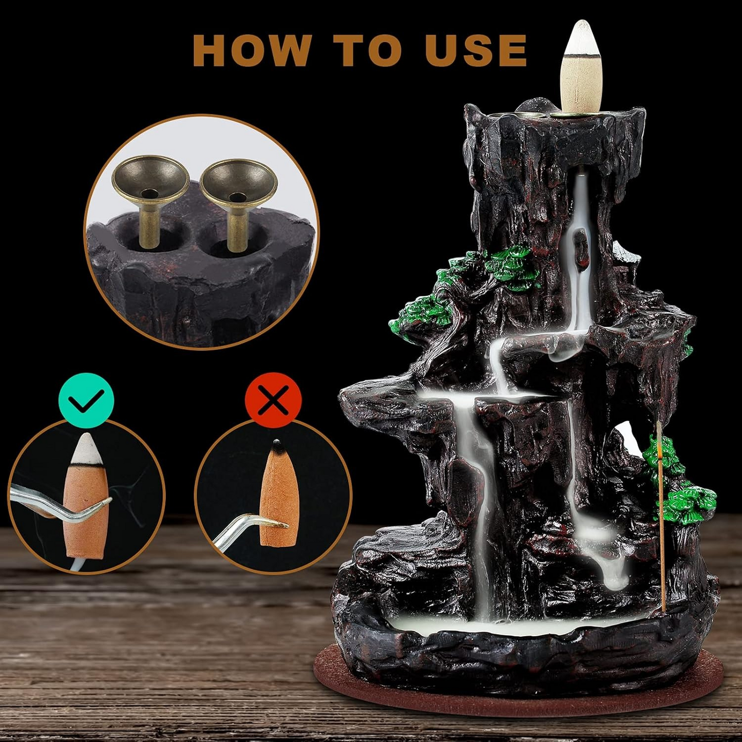 LLMRR Waterfall Incense Burner, Backflow Incense Burner, Resin Mountain Incense Holders with 30 Incense Stick & 120 Backflow Incense Cones, Monk Incense Burner for Office, Yoga Room, Double Side