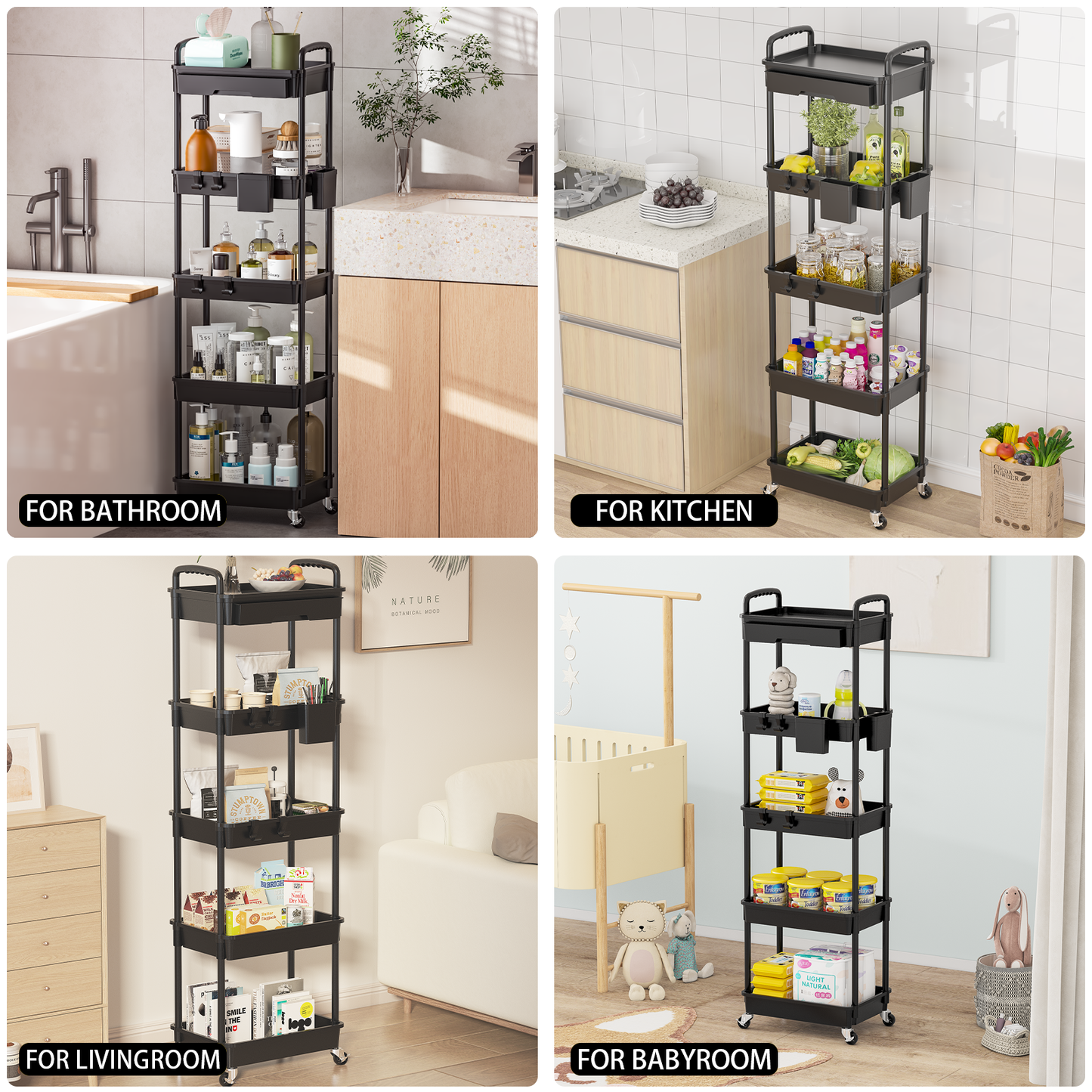 LLMRR 5 Tier Rolling Cart with Drawer, Utility cart with Handle, Bathroom Cart, Snack Cart, Storage Organizer with Lockable Wheels, Rolling Storage Cart for Kitchen, Bathroom, Office, 5 Tier