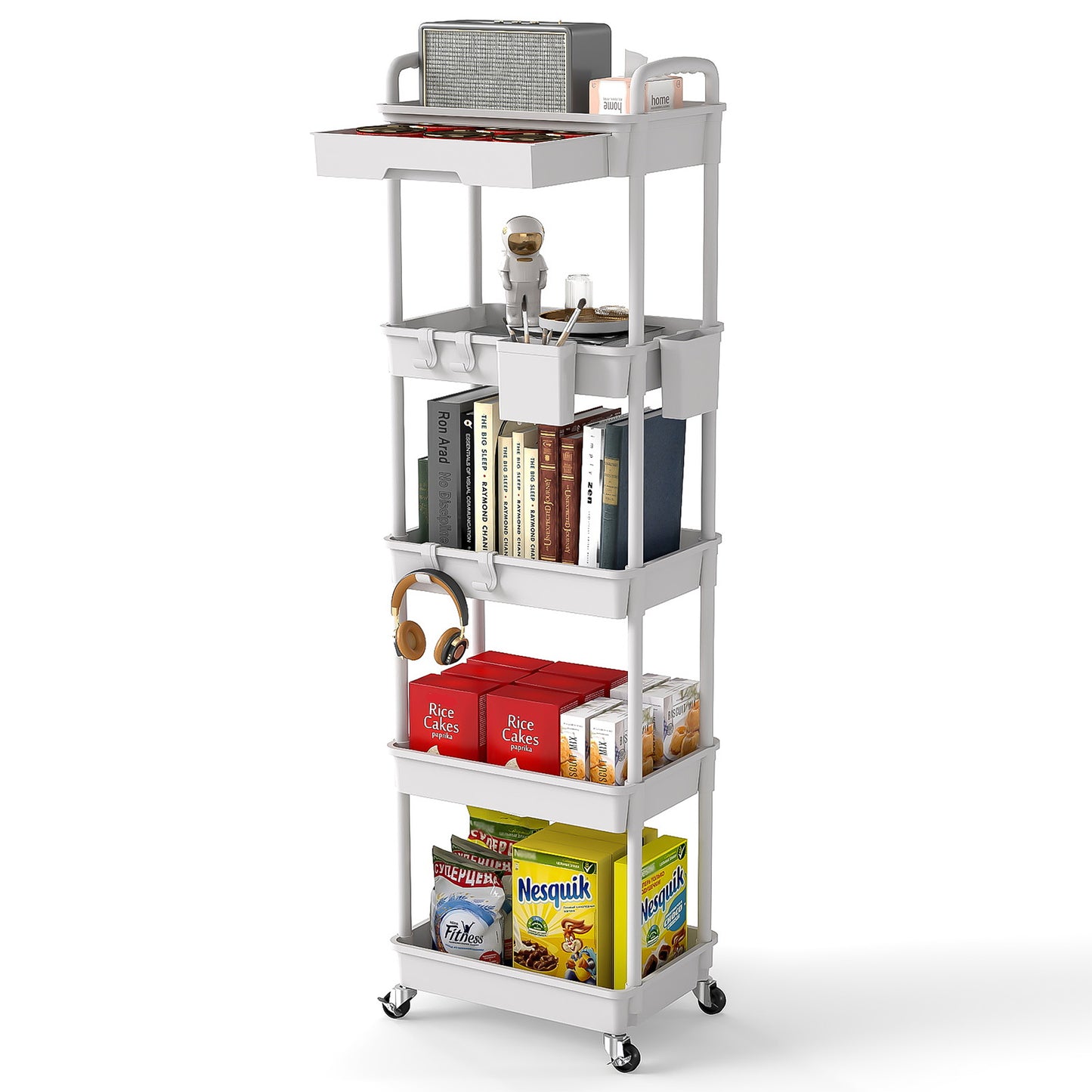 LLMRR 5 Tier Rolling Cart with Drawer, Utility cart with Handle, Bathroom Cart, Snack Cart, Storage Organizer with Lockable Wheels, Rolling Storage Cart for Kitchen, Bathroom, Office, 5 Tier