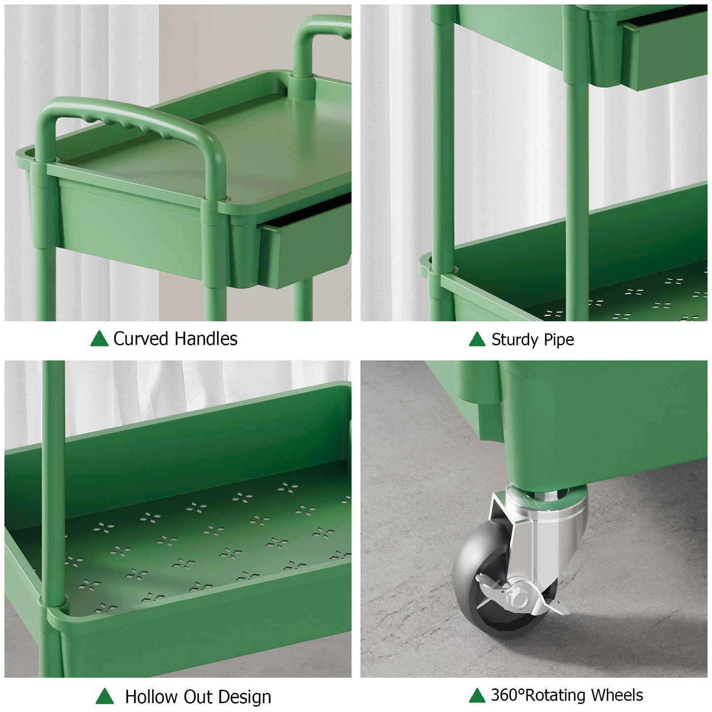3 Tier Rolling Cart with Drawer, Utility cart with Handle, Bathroom Cart, Snack Cart, Storage Organizer with Lockable Wheels, Rolling Storage Cart for Kitchen, Bathroom, Office, 3 Tier