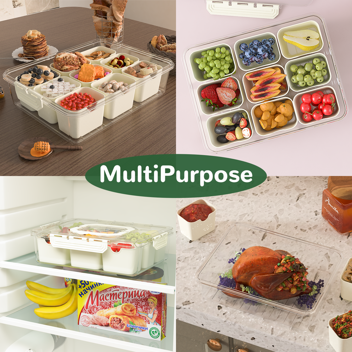 LLMRR Snackle Box Container, Divided Serving Tray with Lid and Handle, Portable Clear Snackle Box, Snack Box & Fruit Tray for Road Travel, Party, Veggie, Fruit, Candy