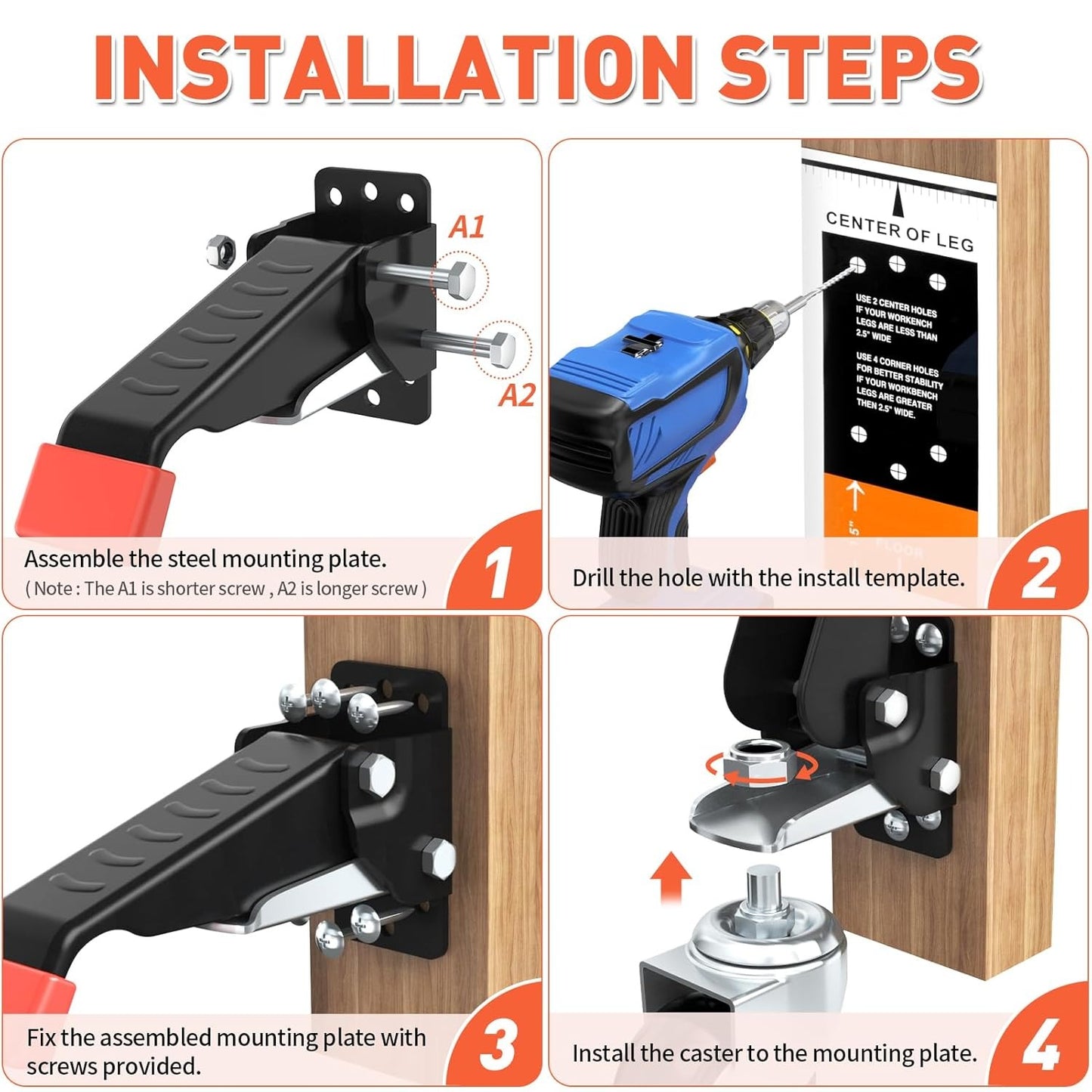 LLMRR Workbench Casters Kit, 4 PCS Heavy Duty Casters with Brake, with Lifting and Lowering Function, Quick Release Stepdown Caster for Workbenches, Machinery and Tables