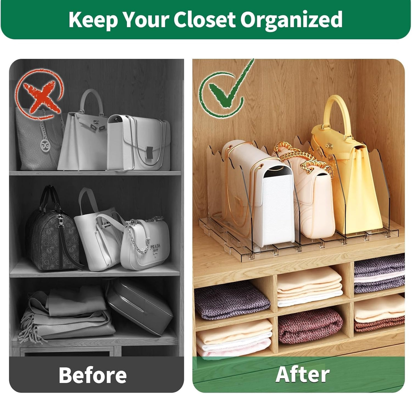 LLMRR Bag & Purse Organizer for Closet, Adjust	able Shelf Divider for Closet, Acrylic Handbag Separators Storage Organizer, Bookshelf Separator Divider for Bedroom, Living Room, Office