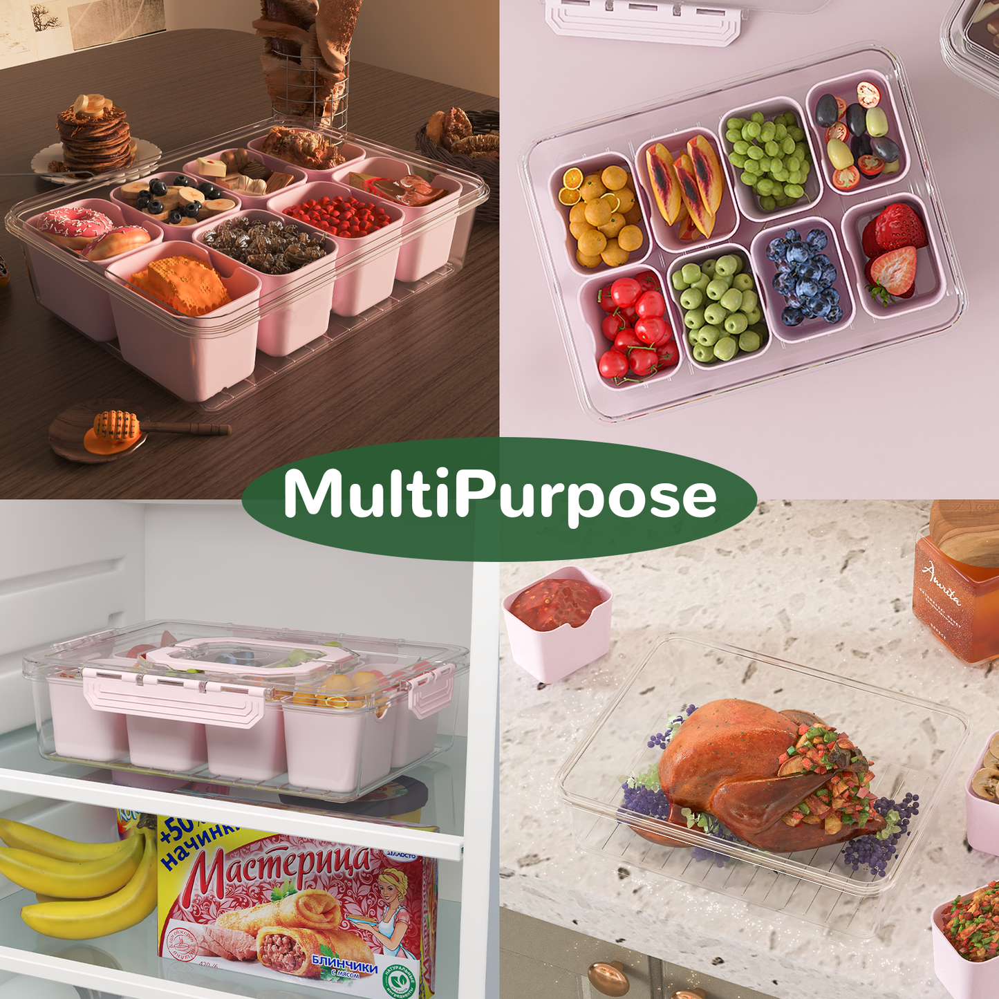 LLMRR Snackle Box Container, Divided Serving Tray with Lid and Handle, Portable Clear Snackle Box, Snack Box & Fruit Tray for Road Travel, Party, Veggie, Fruit, Candy