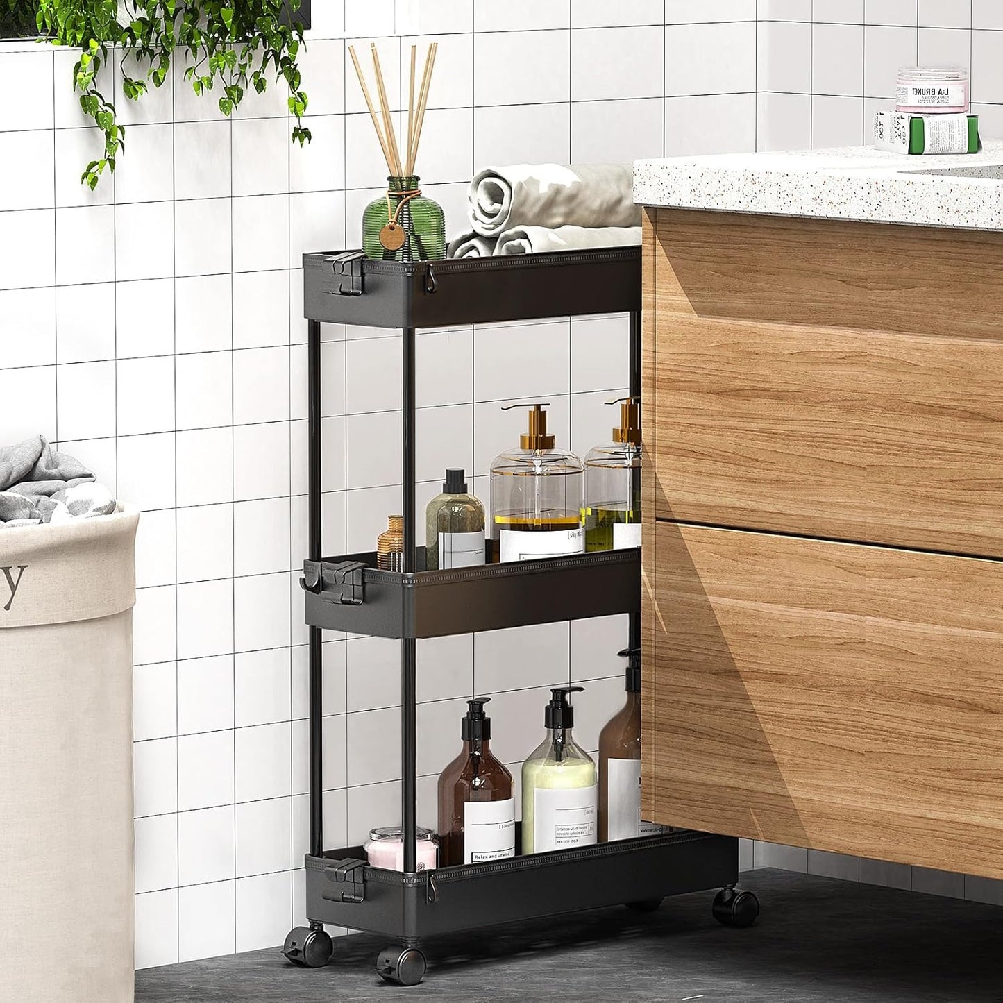 SPACELEAD Slim Rolling Cart, Bathroom Storage Cart with Lockable Wheels, Storage Organizer, Mobile Shelving Unit Cart for Bathroom, Laundry Room, Kitchen and Office