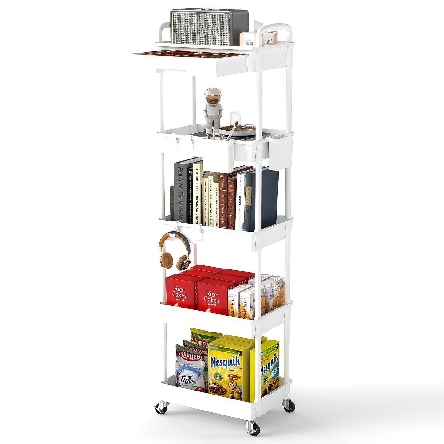 LLMRR 5 Tier Rolling Cart with Drawer, Utility cart with Handle, Bathroom Cart, Snack Cart, Storage Organizer with Lockable Wheels, Rolling Storage Cart for Kitchen, Bathroom, Office, 5 Tier