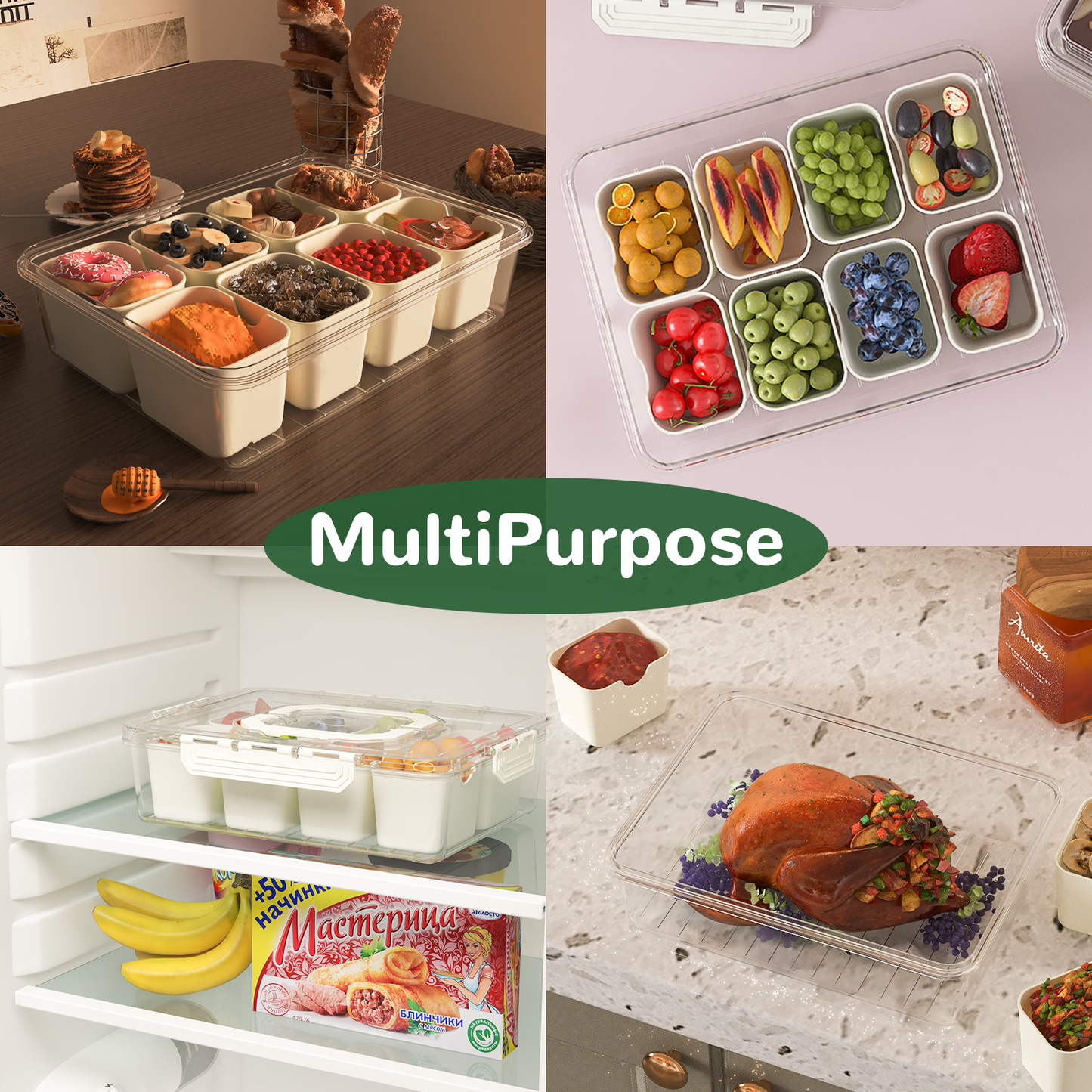 LLMRR Snackle Box Container, Divided Serving Tray with Lid and Handle, Portable Clear Snackle Box, Snack Box & Fruit Tray for Road Travel, Party, Veggie, Fruit, Candy