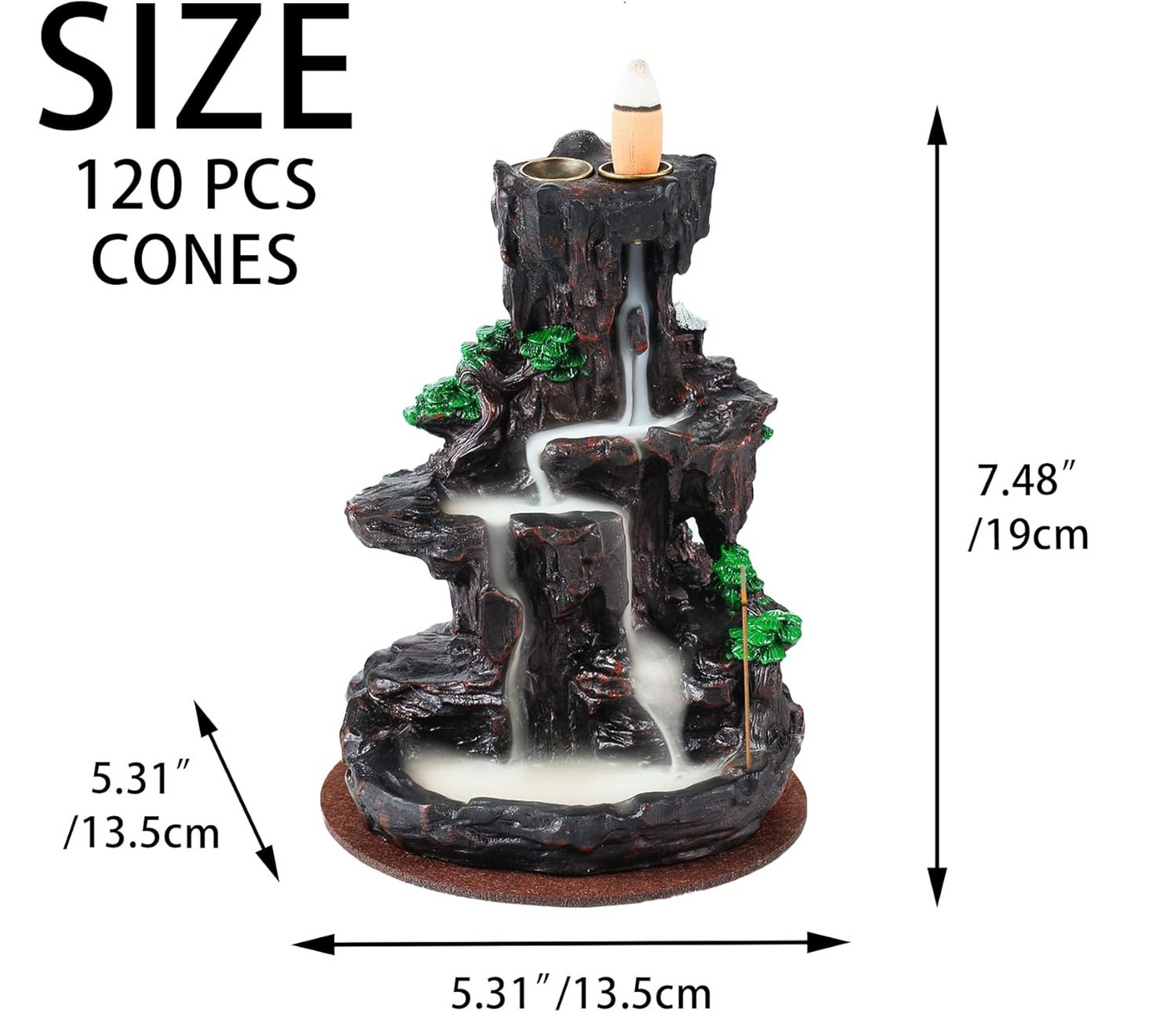 LLMRR Waterfall Incense Burner, Backflow Incense Burner, Resin Mountain Incense Holders with 30 Incense Stick & 120 Backflow Incense Cones, Monk Incense Burner for Office, Yoga Room, Double Side