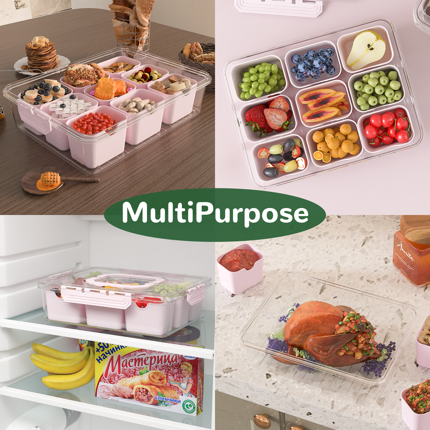 LLMRR Snackle Box Container, Divided Serving Tray with Lid and Handle, Portable Clear Snackle Box, Snack Box & Fruit Tray for Road Travel, Party, Veggie, Fruit, Candy
