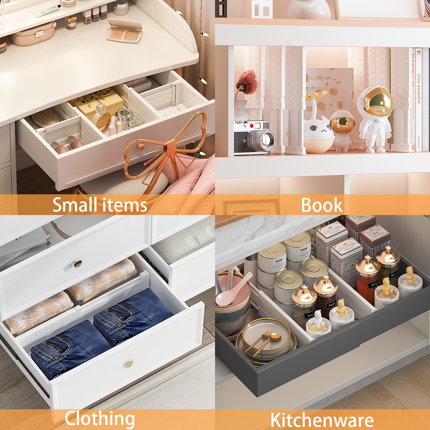 LLMRR Drawer Divider, 4" High, 11-17" Adjustable Drawer Dividers, Non-Slip Expandable Dresser Organizer for Baby Clothes, Bathroom, Bedroom, Kitchen and Office Storage