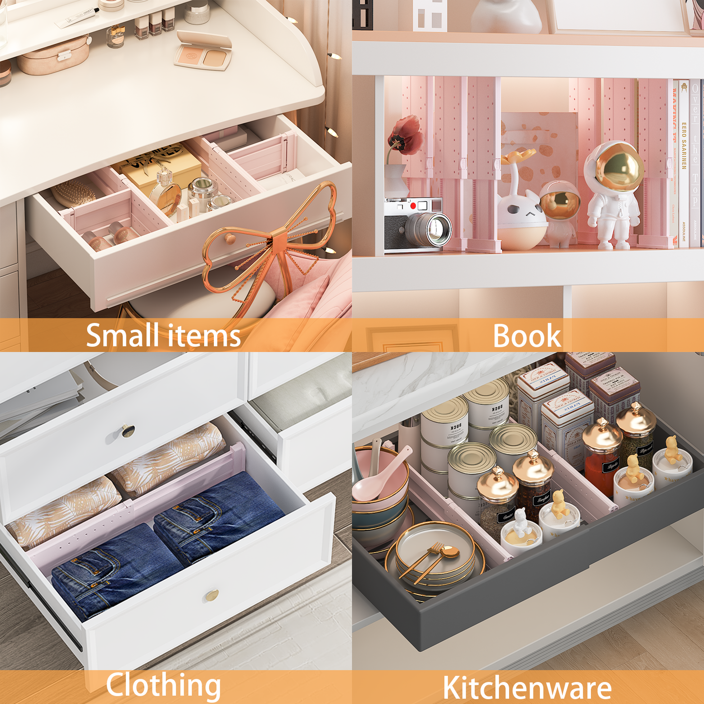 LLMRR Drawer Divider, 4" High, 11-17" Adjustable Drawer Dividers, Non-Slip Expandable Dresser Organizer for Baby Clothes, Bathroom, Bedroom, Kitchen and Office Storage