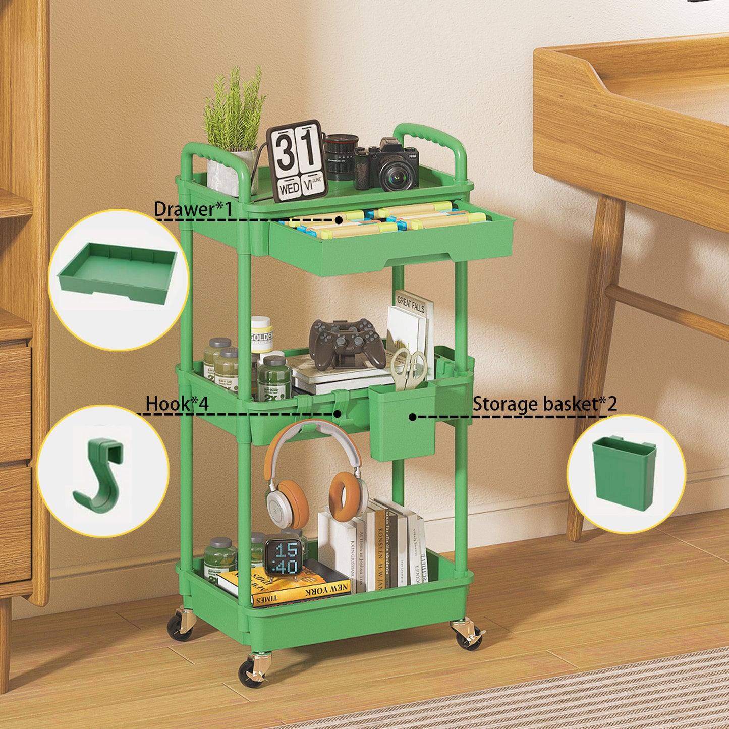 3 Tier Rolling Cart with Drawer, Utility cart with Handle, Bathroom Cart, Snack Cart, Storage Organizer with Lockable Wheels, Rolling Storage Cart for Kitchen, Bathroom, Office, 3 Tier