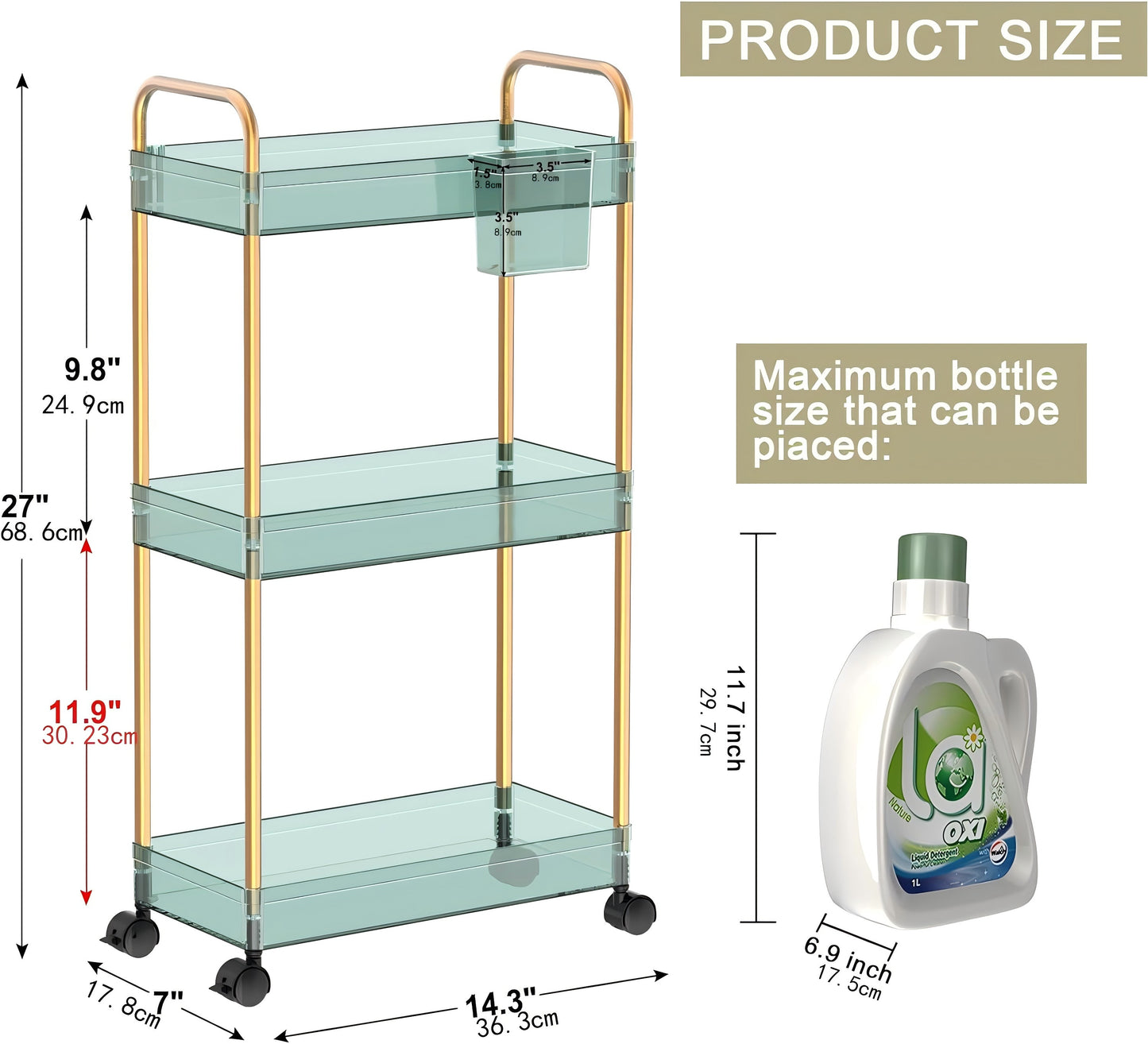 LLMRR 3-Tier Acrylic Storage Rolling Cart Bathroom Cart Organizer, Transparency Laundry Room Organization Mobile Shelving Unit Multifunction Rolling Utility Cart