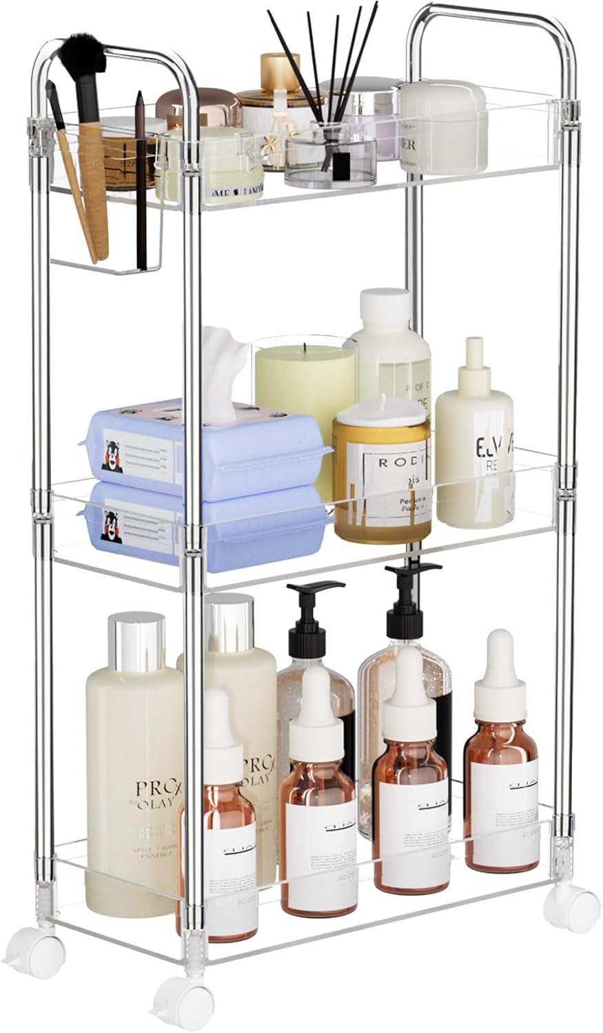 LLMRR 3-Tier Acrylic Storage Rolling Cart Bathroom Cart Organizer, Transparency Laundry Room Organization Mobile Shelving Unit Multifunction Rolling Utility Cart