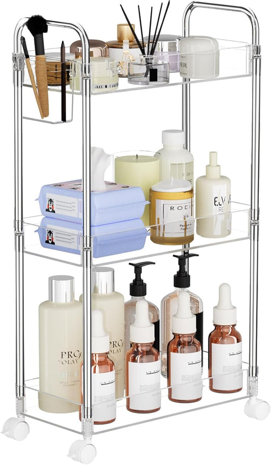 LLMRR 3-Tier Acrylic Storage Rolling Cart Bathroom Cart Organizer, Transparency Laundry Room Organization Mobile Shelving Unit Multifunction Rolling Utility Cart