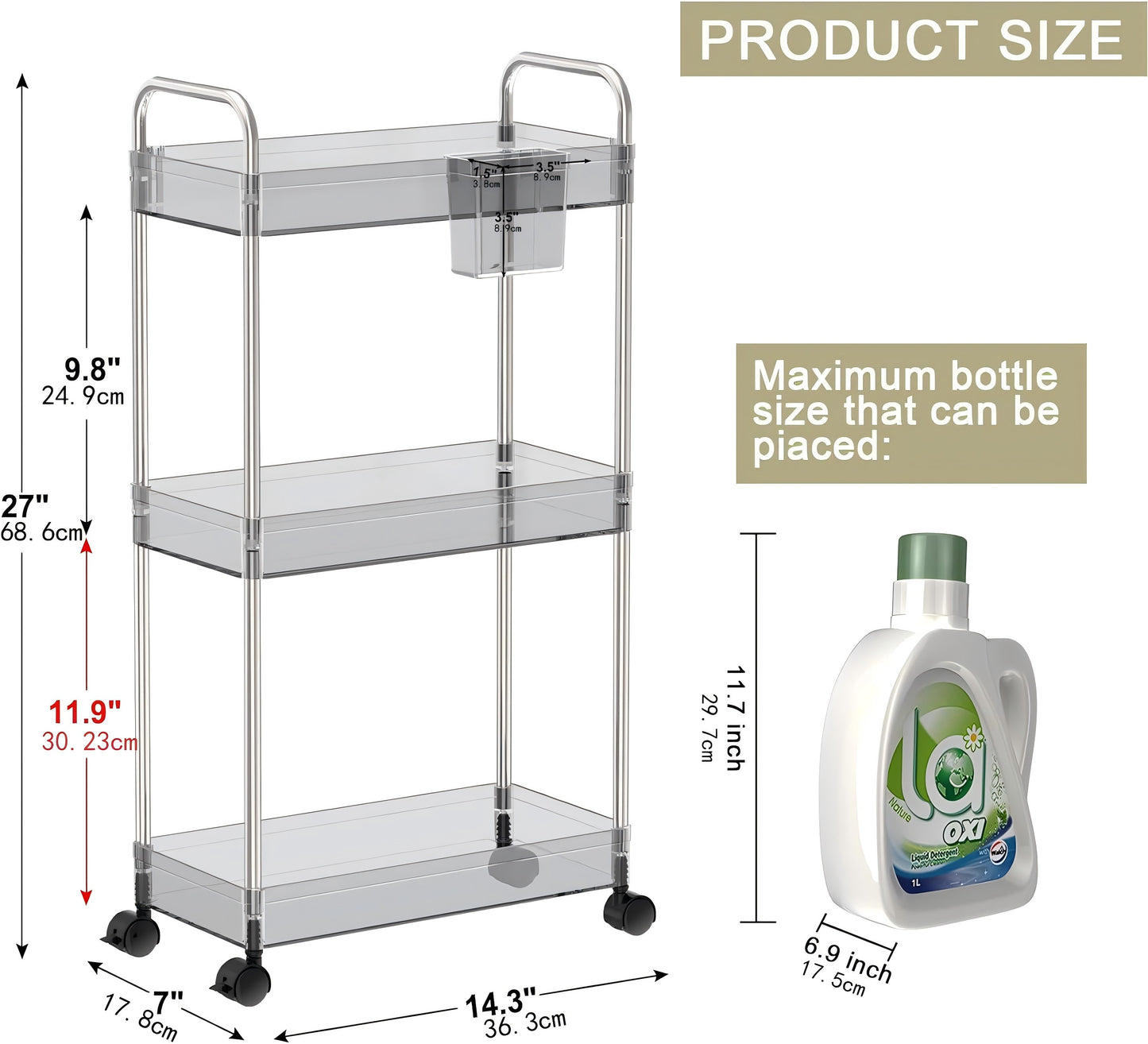 LLMRR 3-Tier Acrylic Storage Rolling Cart Bathroom Cart Organizer, Transparency Laundry Room Organization Mobile Shelving Unit Multifunction Rolling Utility Cart