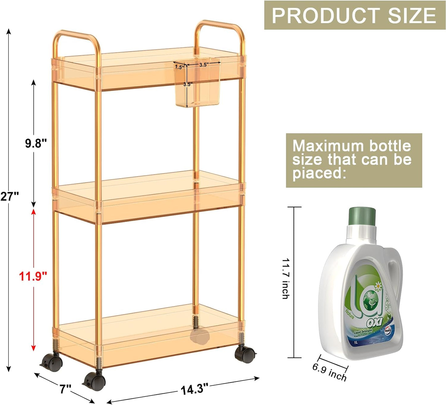 LLMRR 3-Tier Acrylic Storage Rolling Cart Bathroom Cart Organizer, Transparency Laundry Room Organization Mobile Shelving Unit Multifunction Rolling Utility Cart
