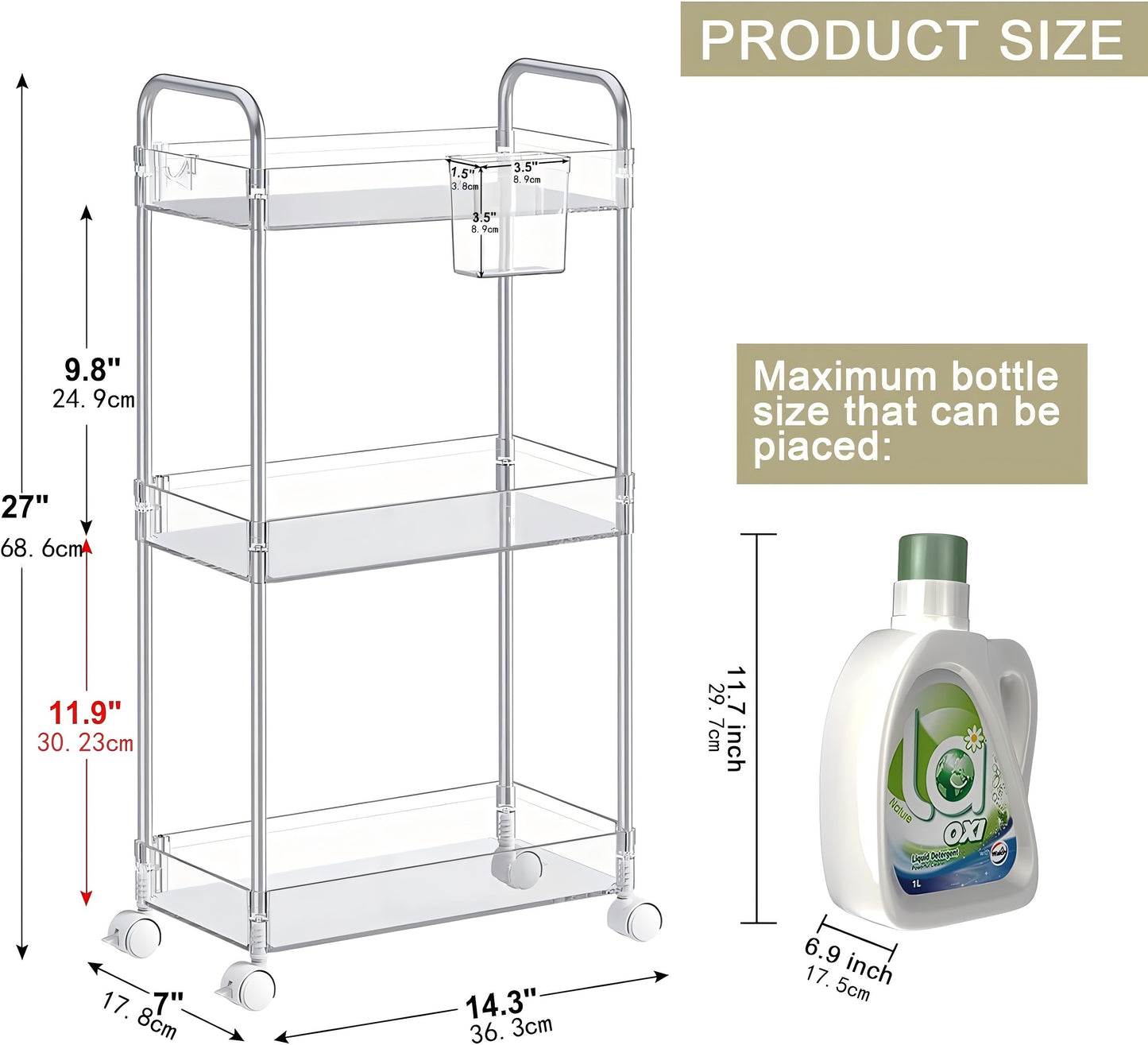 LLMRR 3-Tier Acrylic Storage Rolling Cart Bathroom Cart Organizer, Transparency Laundry Room Organization Mobile Shelving Unit Multifunction Rolling Utility Cart