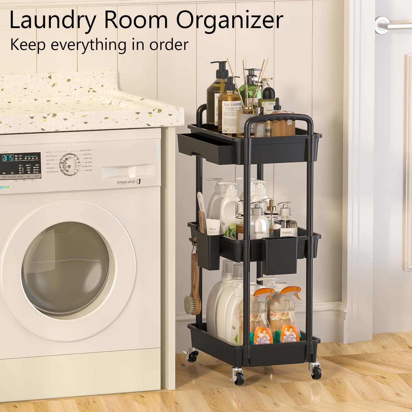 3 Tier Rolling Cart with Drawer, Utility cart with Handle, Bathroom Cart, Snack Cart, Storage Organizer with Lockable Wheels, Rolling Storage Cart for Kitchen, Bathroom, Office, 3 Tier