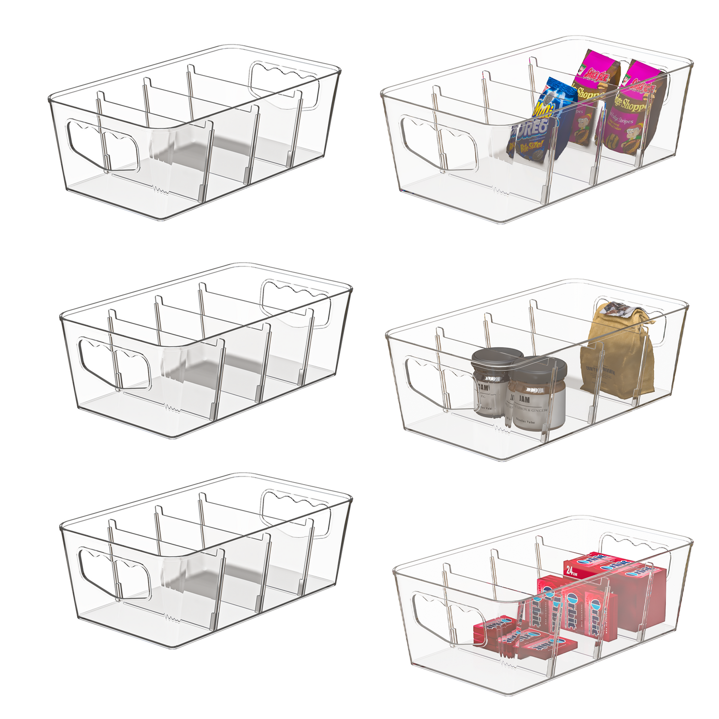 LLMRR Clear Storage Organizer, Clear Storage Bins, Plastic Storage Baskets with Removable Dividers, Plastic Storage Containers with Handles for Fridge, Pantry, Cabinet, Kitchen