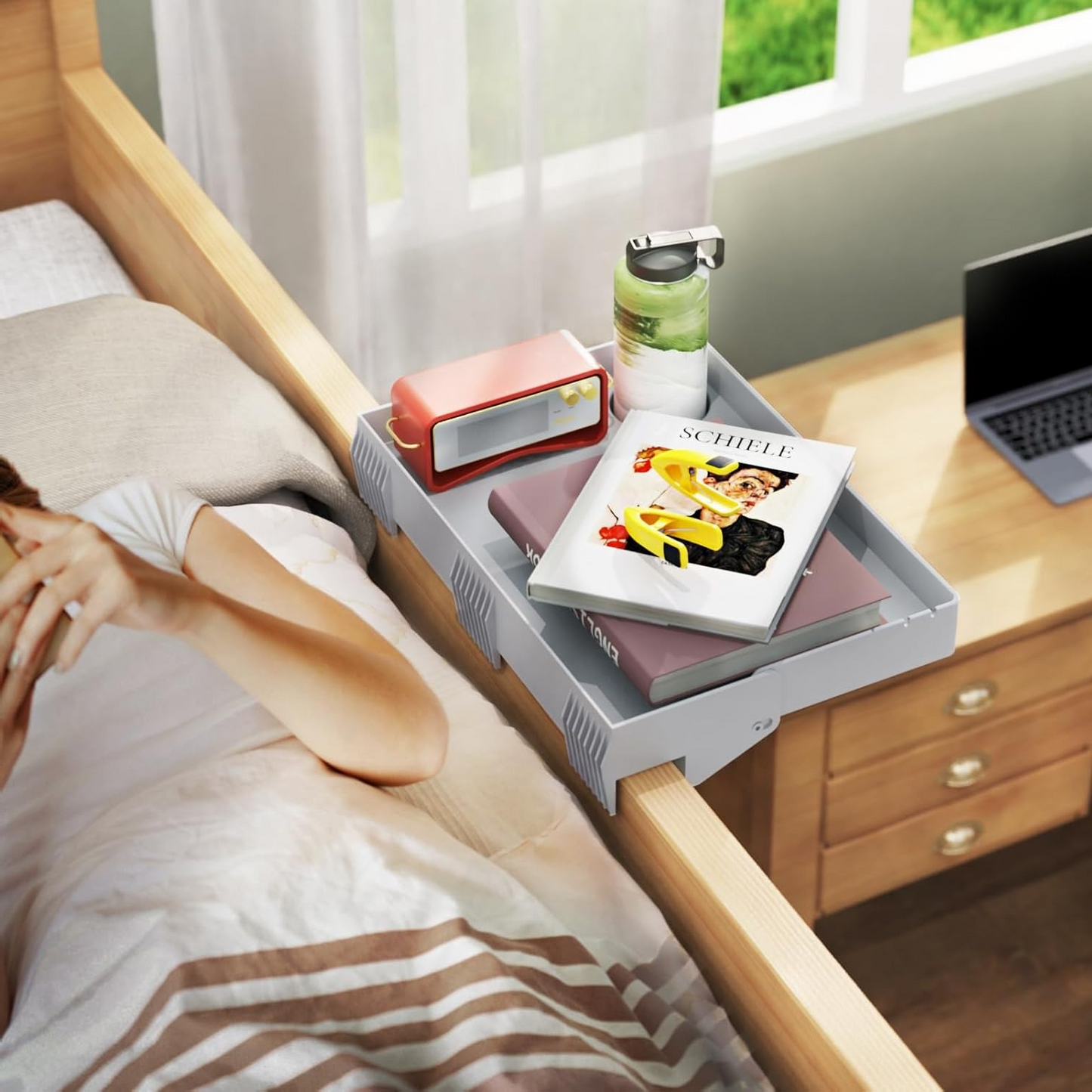 LLMRR Bedside Shelf, Foldable Bunk Bed Shelf, Attachable Bedside Table with Hooks, College Dorm Room Essentials, Bedside Caddy Tray Organizer for Loft Bed, Dorm Bed