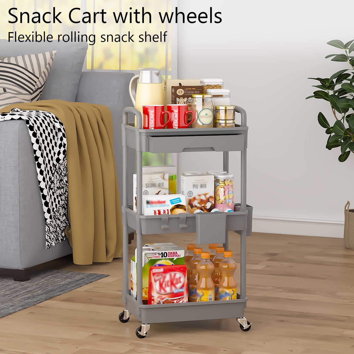 3 Tier Rolling Cart with Drawer, Utility cart with Handle, Bathroom Cart, Snack Cart, Storage Organizer with Lockable Wheels, Rolling Storage Cart for Kitchen, Bathroom, Office, 3 Tier