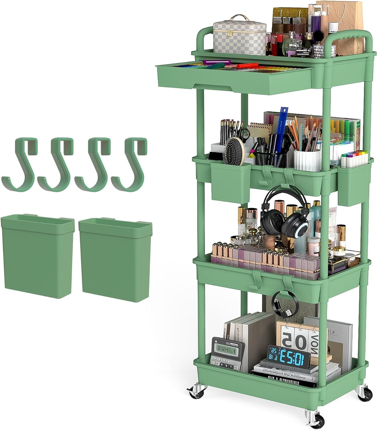 4 Tier Rolling Cart with Drawer, Utility cart with Handle, Bathroom Cart, Snack Cart, Storage Organizer with Lockable Wheels, Rolling Storage Cart for Kitchen, Bathroom, Office, 4 Tier