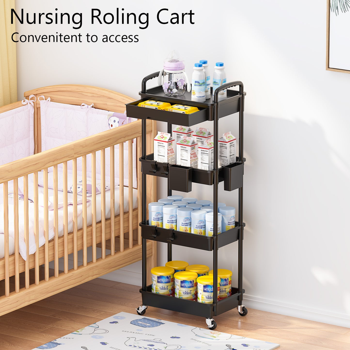 4 Tier Rolling Cart with Drawer, Utility cart with Handle, Bathroom Cart, Snack Cart, Storage Organizer with Lockable Wheels, Rolling Storage Cart for Kitchen, Bathroom, Office, 4 Tier