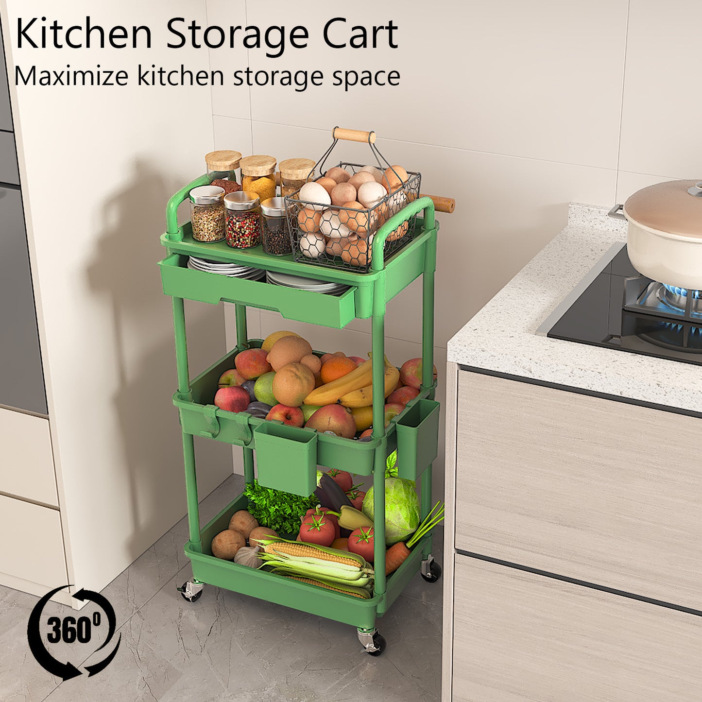 3 Tier Rolling Cart with Drawer, Utility cart with Handle, Bathroom Cart, Snack Cart, Storage Organizer with Lockable Wheels, Rolling Storage Cart for Kitchen, Bathroom, Office, 3 Tier