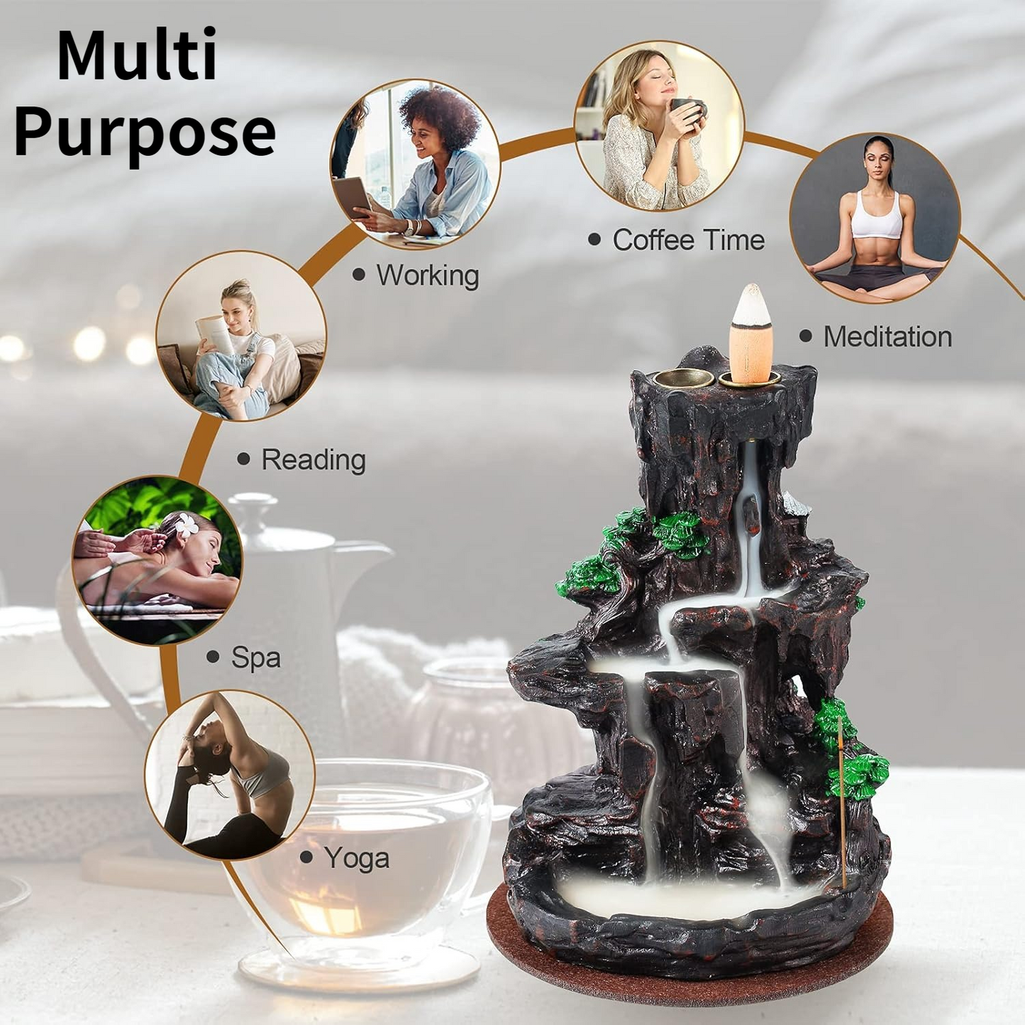 LLMRR Waterfall Incense Burner, Backflow Incense Burner, Resin Mountain Incense Holders with 30 Incense Stick & 120 Backflow Incense Cones, Monk Incense Burner for Office, Yoga Room, Double Side