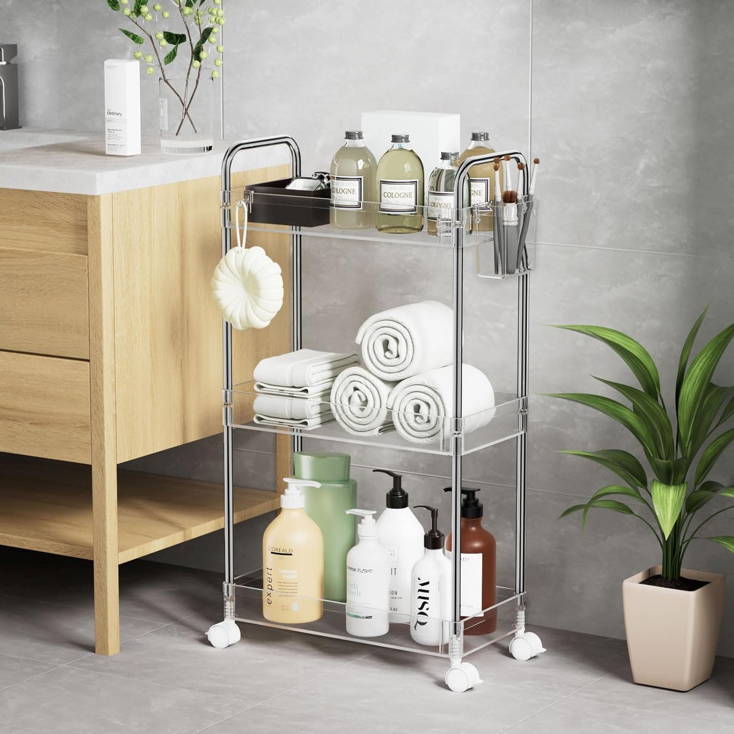 LLMRR 3-Tier Acrylic Storage Rolling Cart Bathroom Cart Organizer, Transparency Laundry Room Organization Mobile Shelving Unit Multifunction Rolling Utility Cart