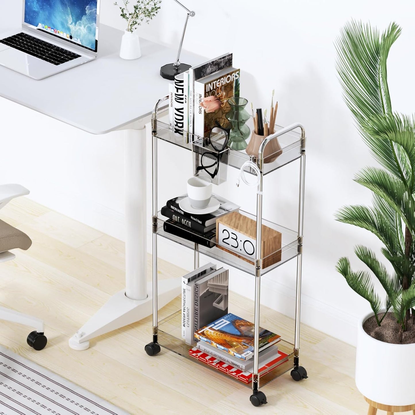 LLMRR 3-Tier Acrylic Storage Rolling Cart Bathroom Cart Organizer, Transparency Laundry Room Organization Mobile Shelving Unit Multifunction Rolling Utility Cart