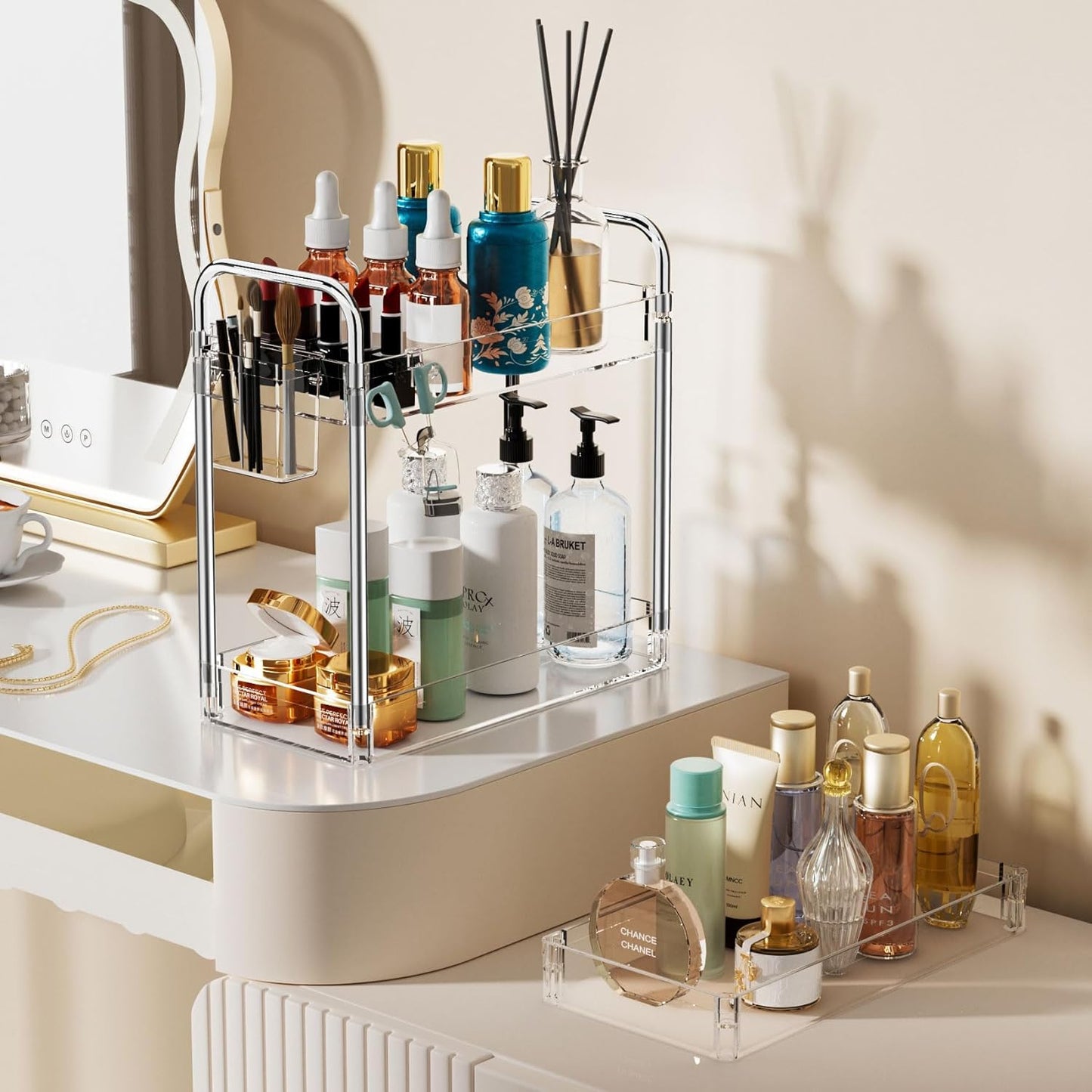 LLMRR 3-Tier Acrylic Storage Rolling Cart Bathroom Cart Organizer, Transparency Laundry Room Organization Mobile Shelving Unit Multifunction Rolling Utility Cart