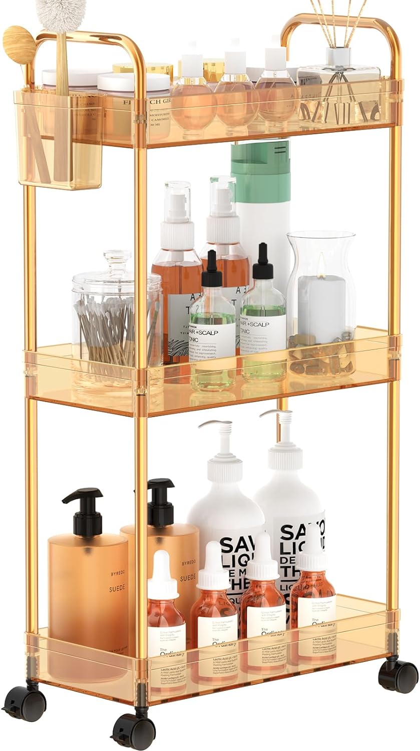 LLMRR 3-Tier Acrylic Storage Rolling Cart Bathroom Cart Organizer, Transparency Laundry Room Organization Mobile Shelving Unit Multifunction Rolling Utility Cart