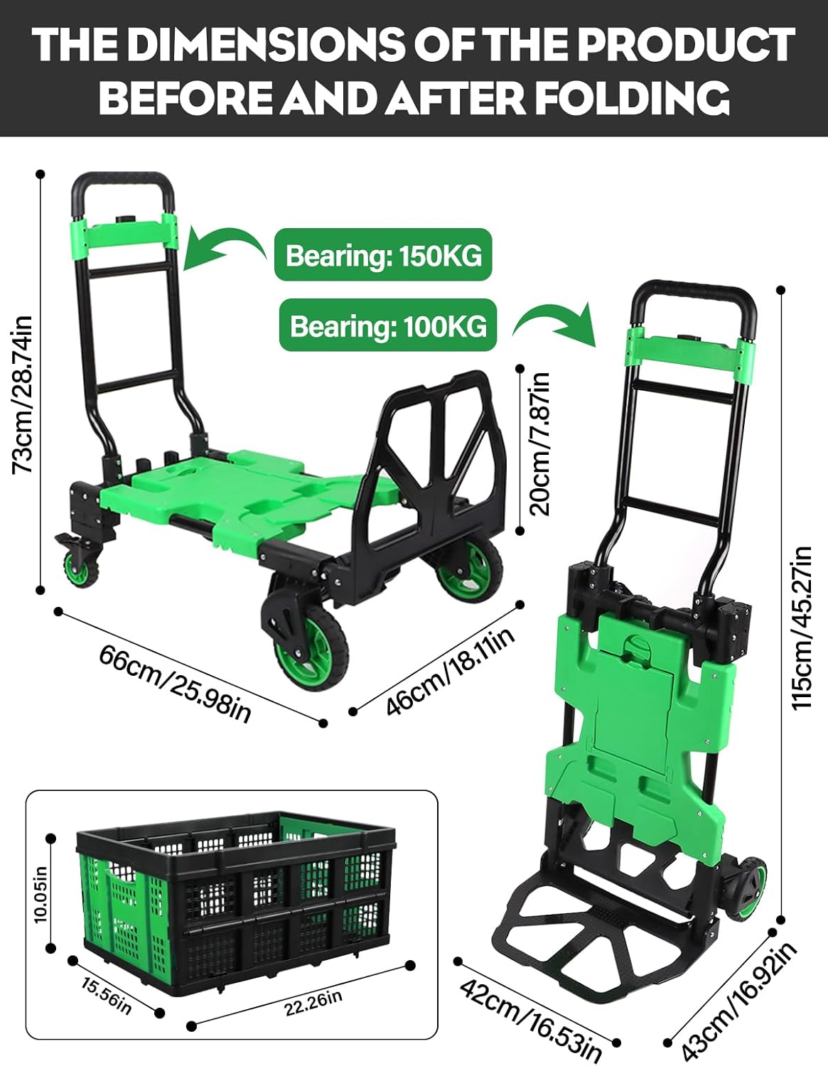 2 in 1 Folding Hand Truck Dolly with Folding Basket, 330LBS Capacity Moving Cart with Wheels, Multifunctional Platform Truck, Hand Truck Foldable with 4 Wheels and Retractable Handle