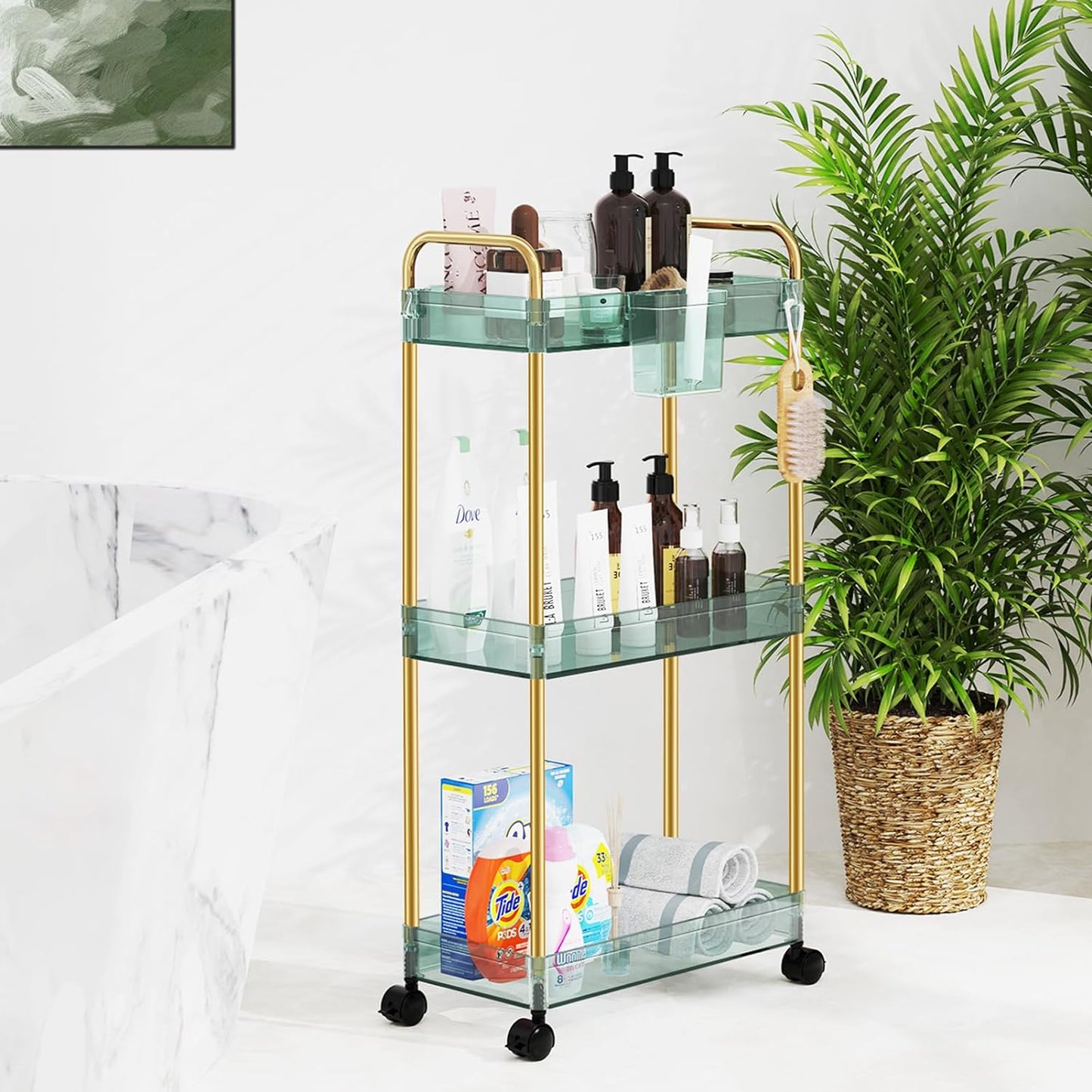 LLMRR 3-Tier Acrylic Storage Rolling Cart Bathroom Cart Organizer, Transparency Laundry Room Organization Mobile Shelving Unit Multifunction Rolling Utility Cart
