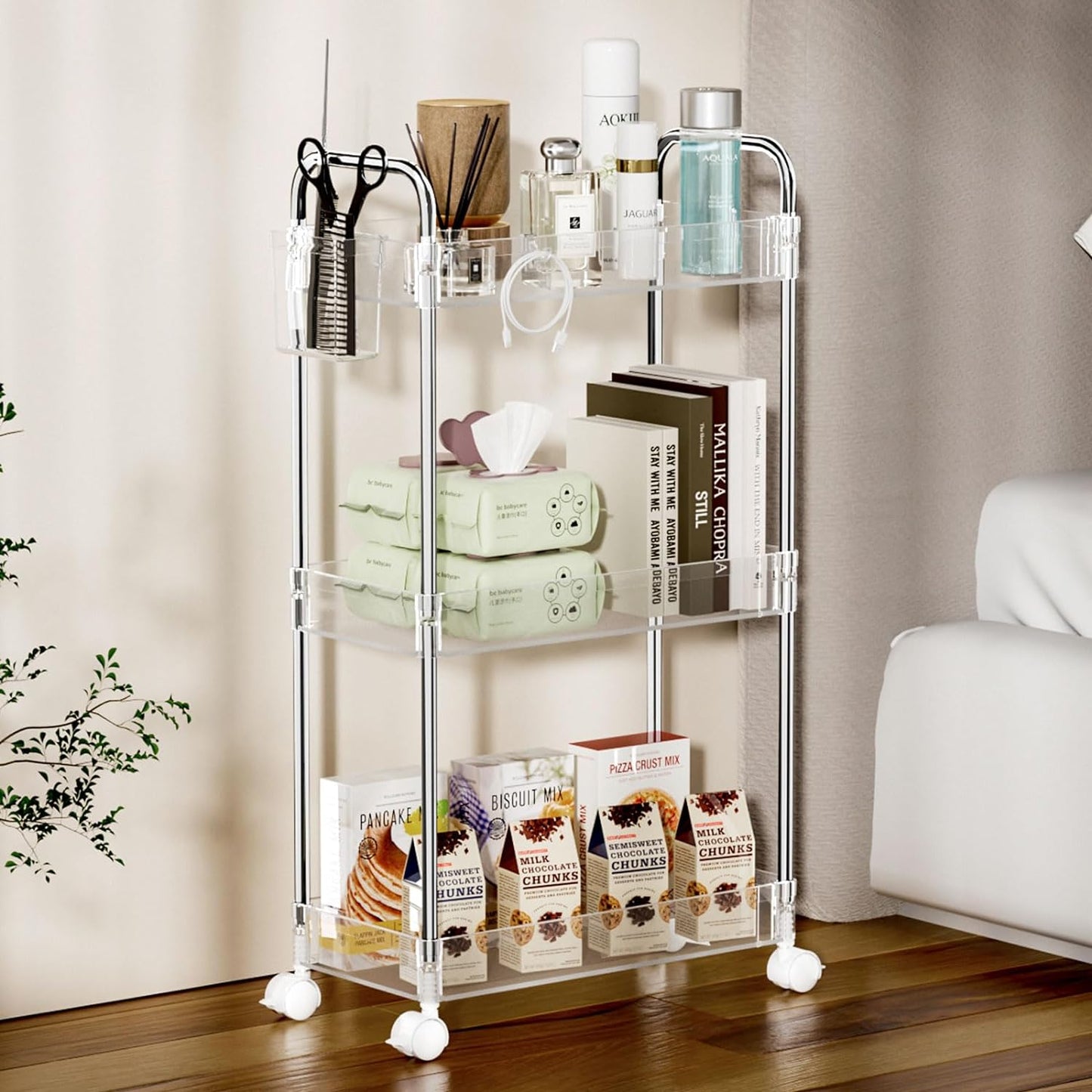 LLMRR 3-Tier Acrylic Storage Rolling Cart Bathroom Cart Organizer, Transparency Laundry Room Organization Mobile Shelving Unit Multifunction Rolling Utility Cart