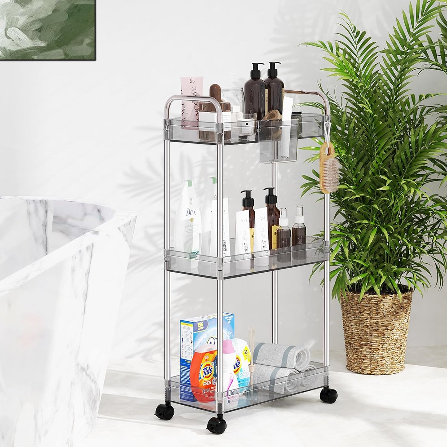 LLMRR 3-Tier Acrylic Storage Rolling Cart Bathroom Cart Organizer, Transparency Laundry Room Organization Mobile Shelving Unit Multifunction Rolling Utility Cart