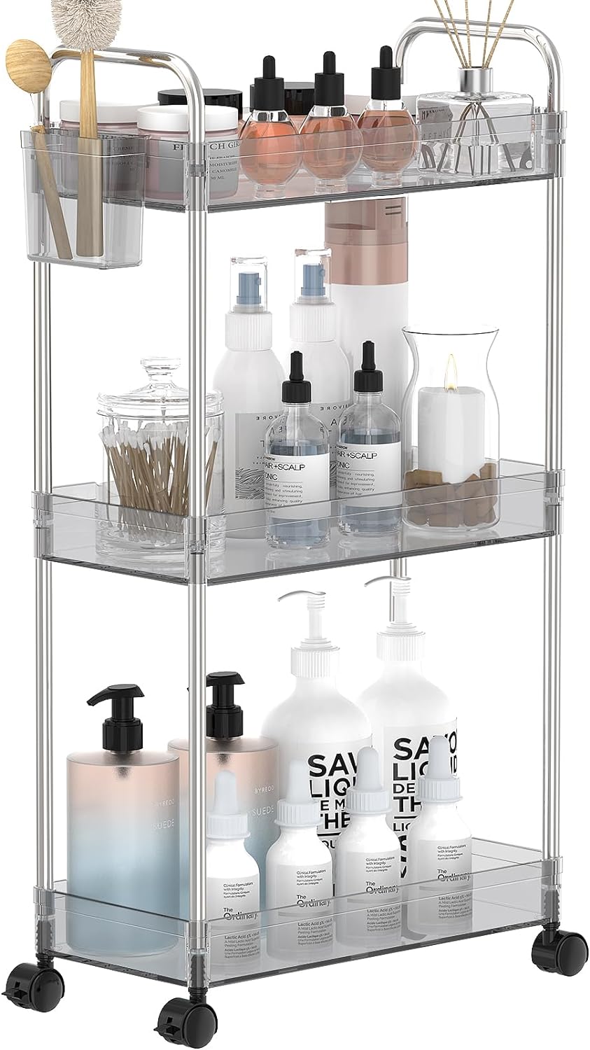 LLMRR 3-Tier Acrylic Storage Rolling Cart Bathroom Cart Organizer, Transparency Laundry Room Organization Mobile Shelving Unit Multifunction Rolling Utility Cart