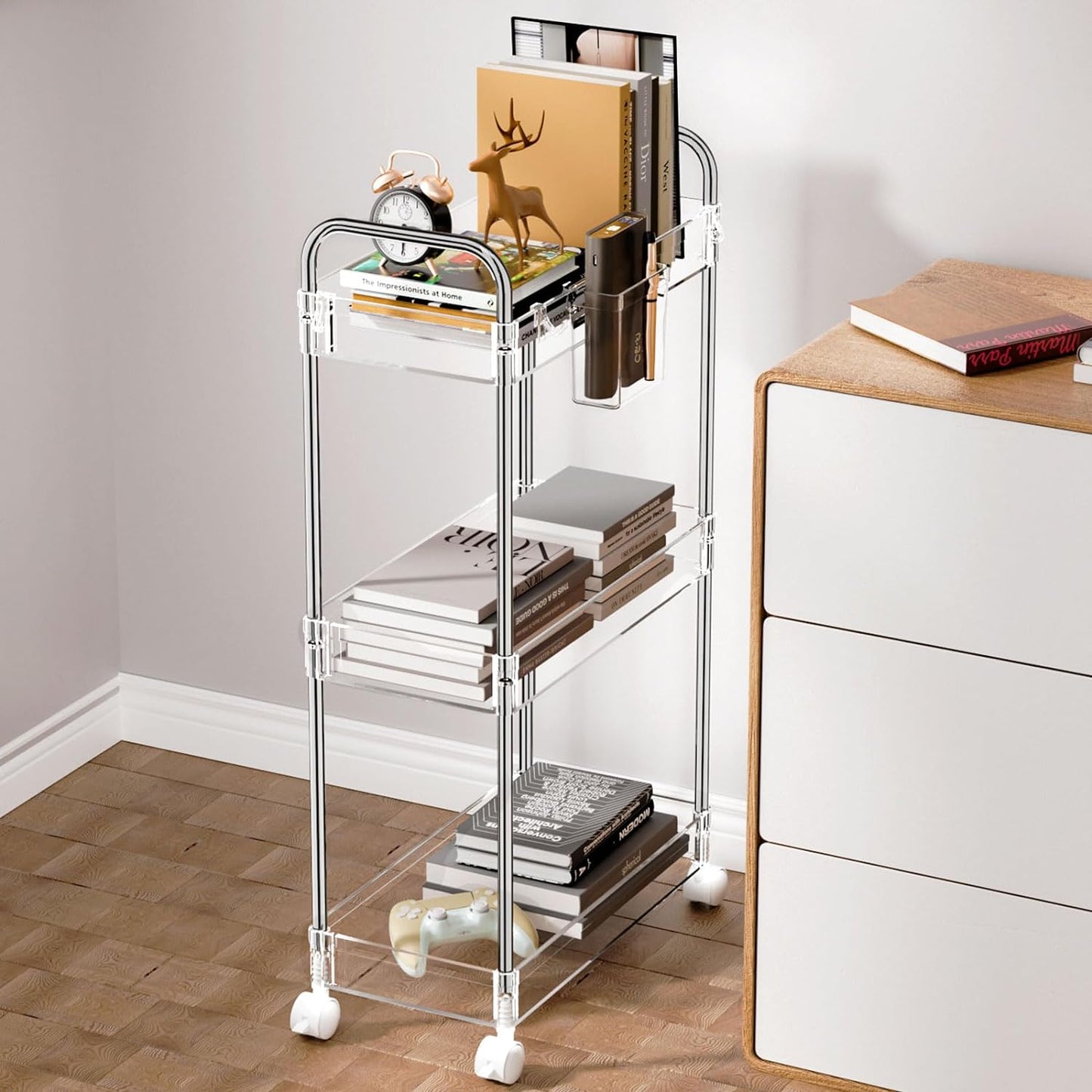 LLMRR 3-Tier Acrylic Storage Rolling Cart Bathroom Cart Organizer, Transparency Laundry Room Organization Mobile Shelving Unit Multifunction Rolling Utility Cart
