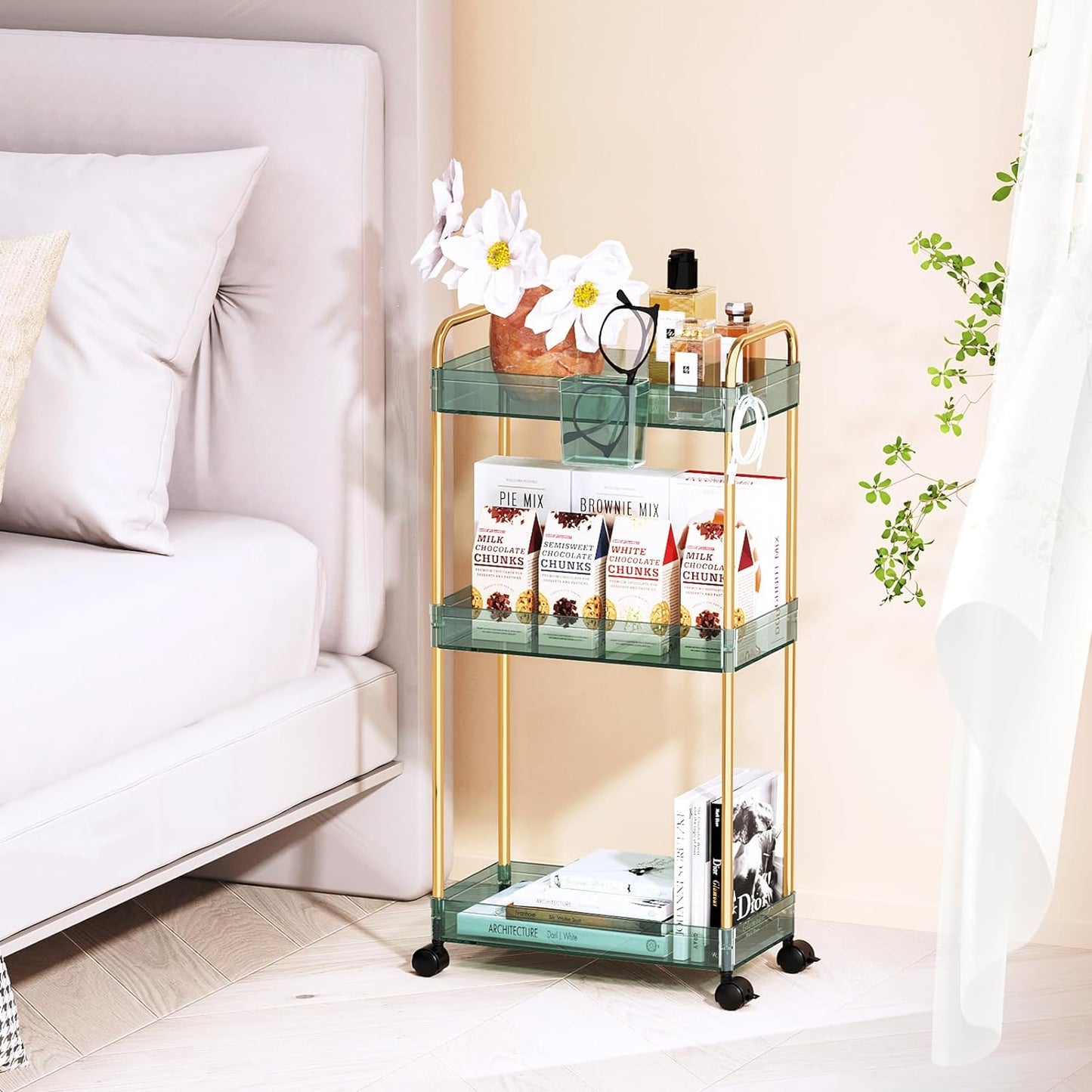 LLMRR 3-Tier Acrylic Storage Rolling Cart Bathroom Cart Organizer, Transparency Laundry Room Organization Mobile Shelving Unit Multifunction Rolling Utility Cart