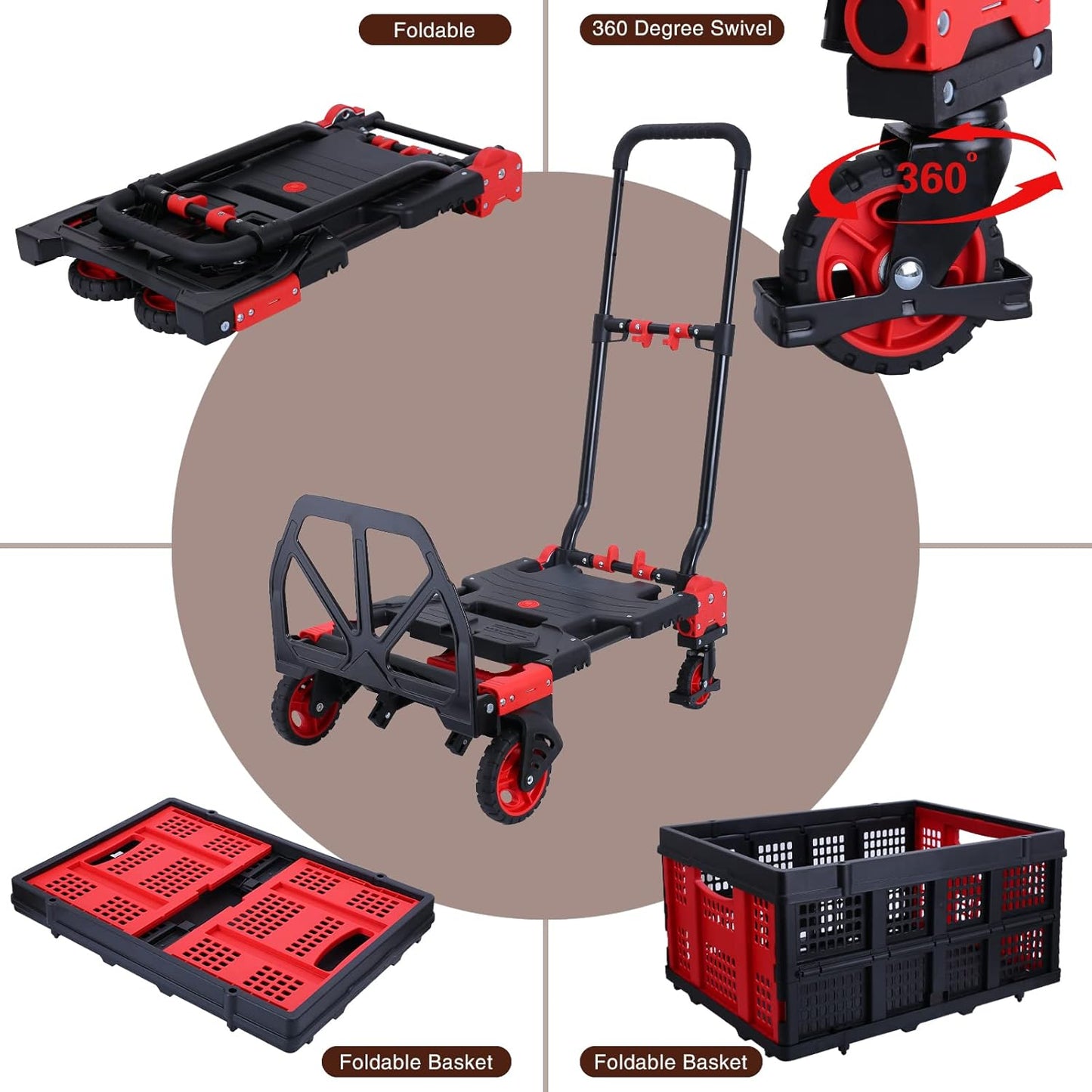 2 in 1 Folding Hand Truck Dolly with Folding Basket, 330LBS Capacity Moving Cart with Wheels, Multifunctional Platform Truck, Hand Truck Foldable with 4 Wheels and Retractable Handle
