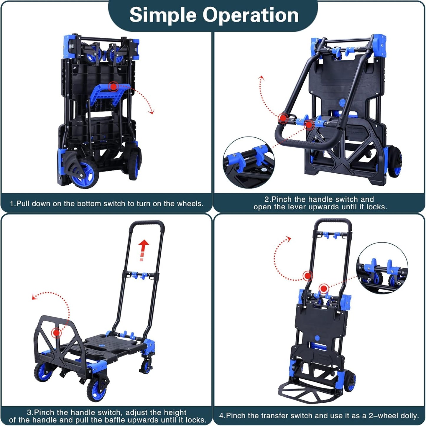 2 in 1 Folding Hand Truck Dolly with Folding Basket, 330LBS Capacity Moving Cart with Wheels, Multifunctional Platform Truck, Hand Truck Foldable with 4 Wheels and Retractable Handle