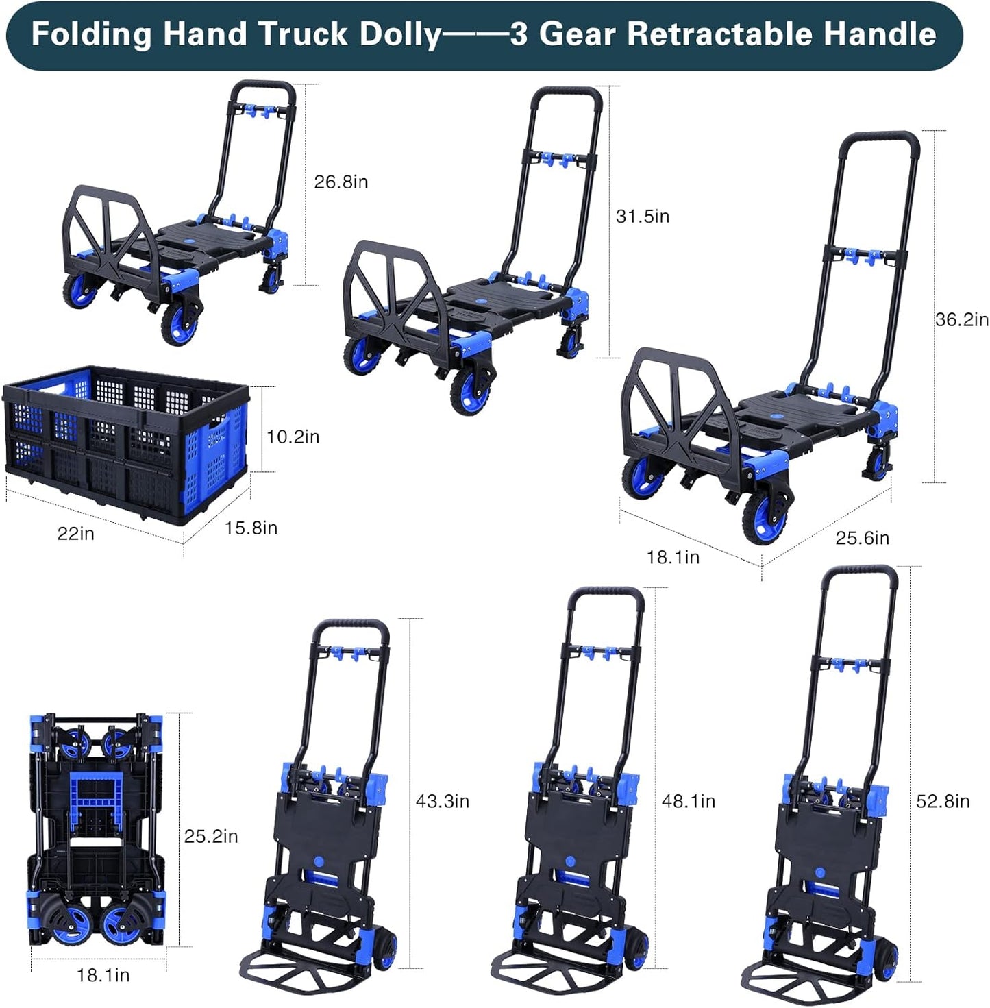 2 in 1 Folding Hand Truck Dolly with Folding Basket, 330LBS Capacity Moving Cart with Wheels, Multifunctional Platform Truck, Hand Truck Foldable with 4 Wheels and Retractable Handle