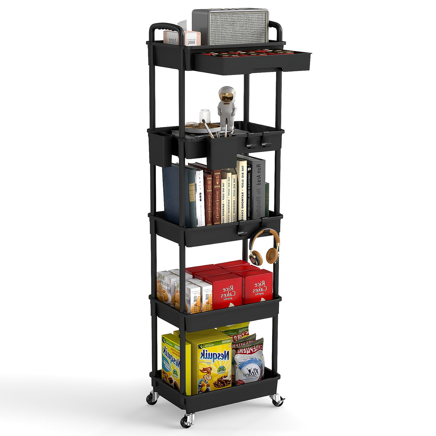 LLMRR 5 Tier Rolling Cart with Drawer, Utility cart with Handle, Bathroom Cart, Snack Cart, Storage Organizer with Lockable Wheels, Rolling Storage Cart for Kitchen, Bathroom, Office, 5 Tier