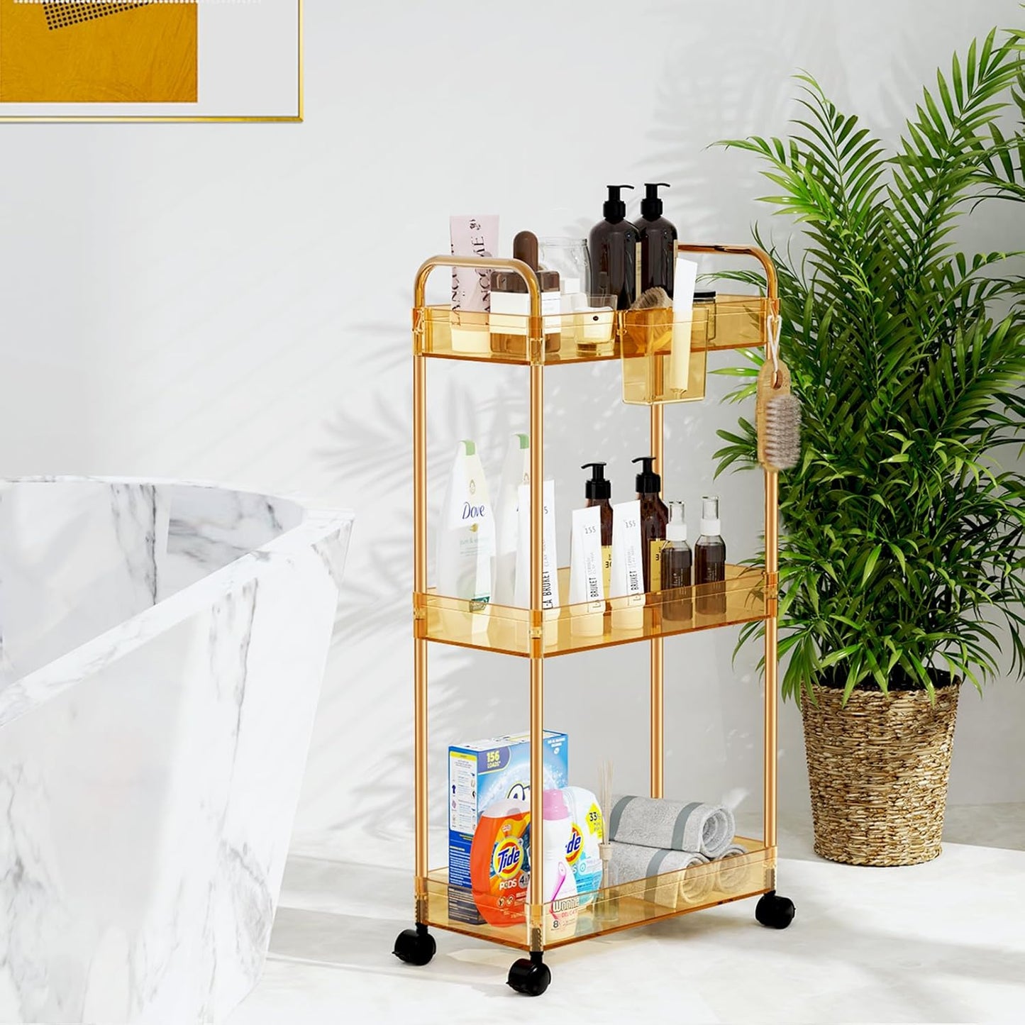 LLMRR 3-Tier Acrylic Storage Rolling Cart Bathroom Cart Organizer, Transparency Laundry Room Organization Mobile Shelving Unit Multifunction Rolling Utility Cart
