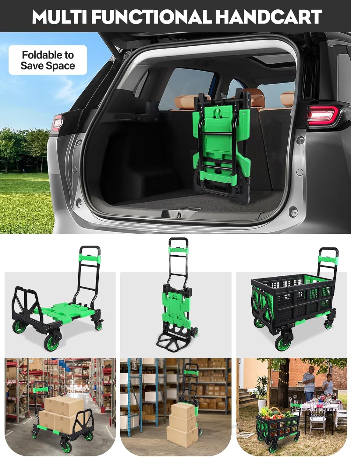 2 in 1 Folding Hand Truck Dolly with Folding Basket, 330LBS Capacity Moving Cart with Wheels, Multifunctional Platform Truck, Hand Truck Foldable with 4 Wheels and Retractable Handle