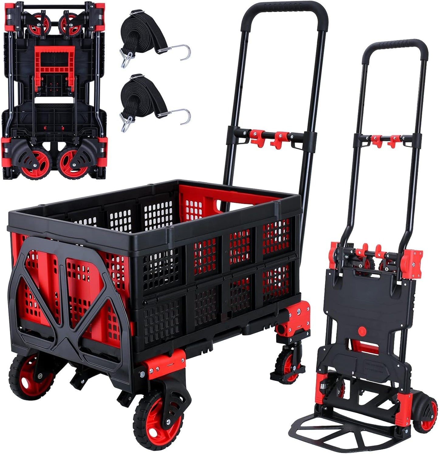 2 in 1 Folding Hand Truck Dolly with Folding Basket, 330LBS Capacity Moving Cart with Wheels, Multifunctional Platform Truck, Hand Truck Foldable with 4 Wheels and Retractable Handle